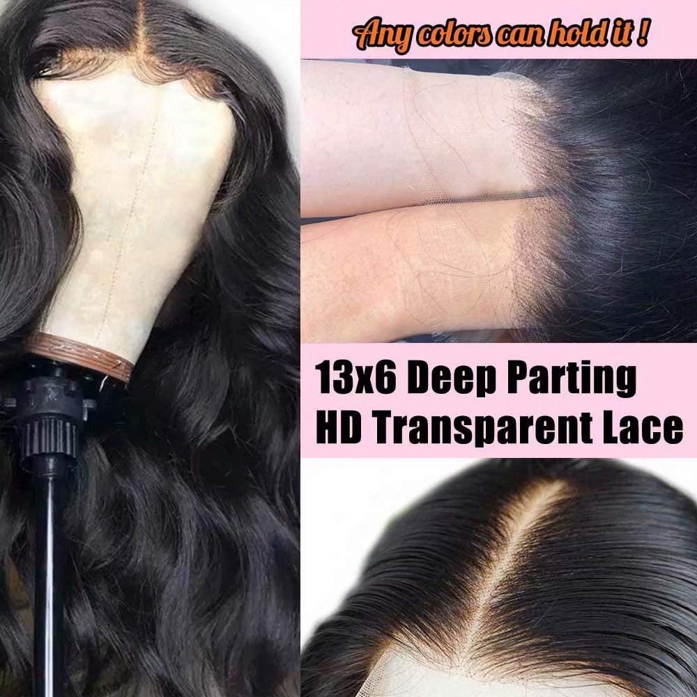 QUINLUX 13x6 Deep Lace Front Human Hair Wig - Brazilian Remy Hair Body Wave 180% Density 18 Inch with Pre-Plucked Hairline & Bleached Knots for Black Women | HD Transparent Lace Wig with Baby Hair for Everyday Wear & Special Occasions