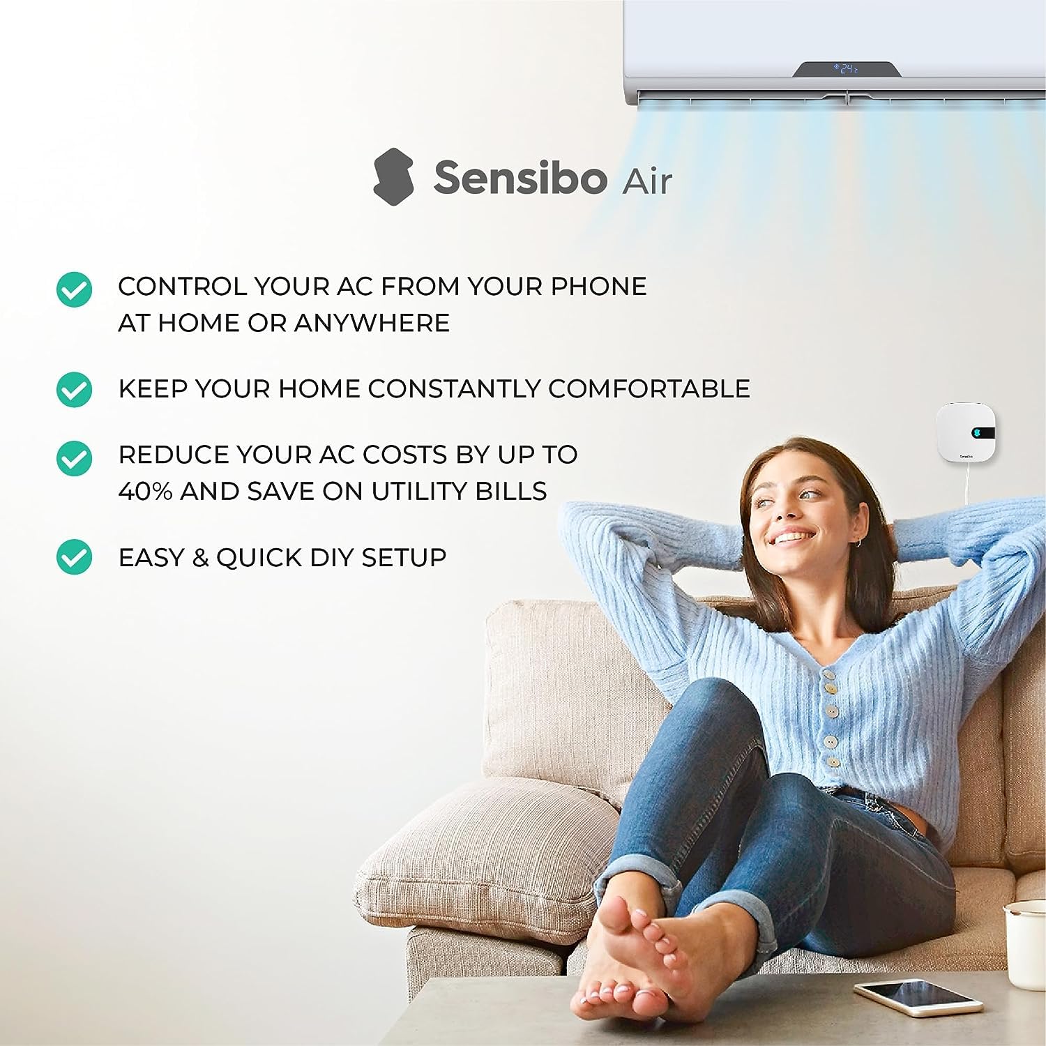 Sensibo Air Smart AC Controller - Apple HomeKit Certified, Works with Alexa & Google Assistant - Easy 60-Second Installation for Energy Savings & Comfort - Perfect for Smart Home, Bedroom & Office Climate Control