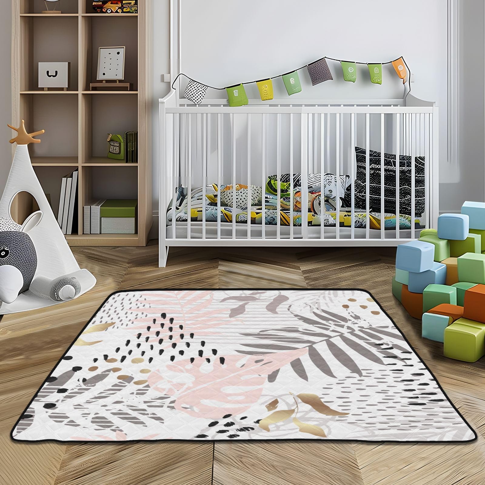 Breathable Foldable Baby Play Mat - 50'' x 50'' Soft Tummy Time Floor Mat for Infants & Toddlers with Tropical Leaf Design | Nursery, Playroom & Outdoor Use