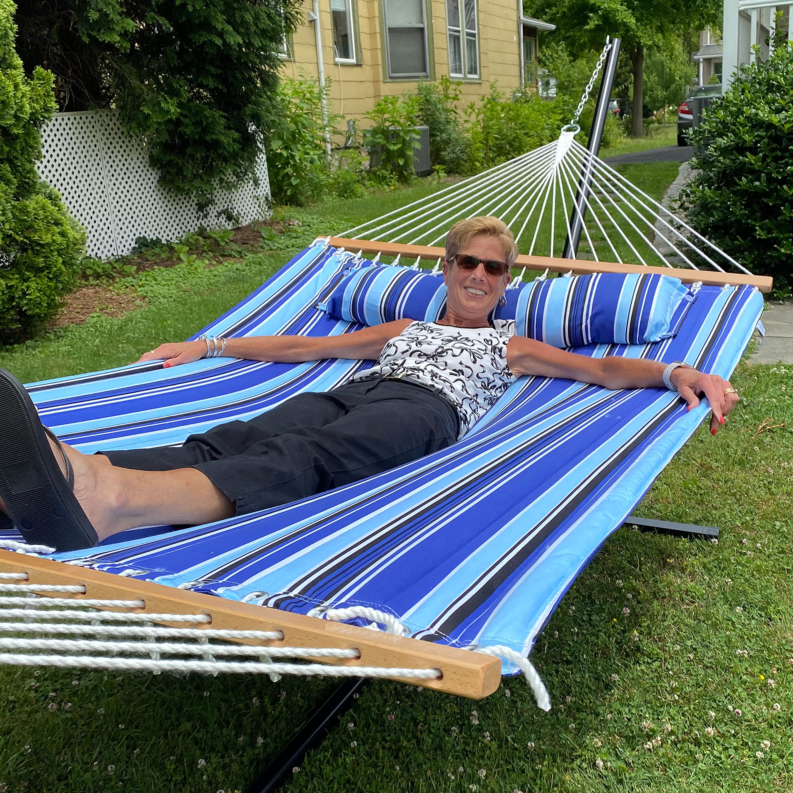 Premium Sunnydaze Quilted Double Hammock with 12-Foot Steel Stand - 350 lb Capacity for 2 Persons - Perfect for Backyard, Beach, Camping & Outdoor Relaxation - Catalina Beach Design