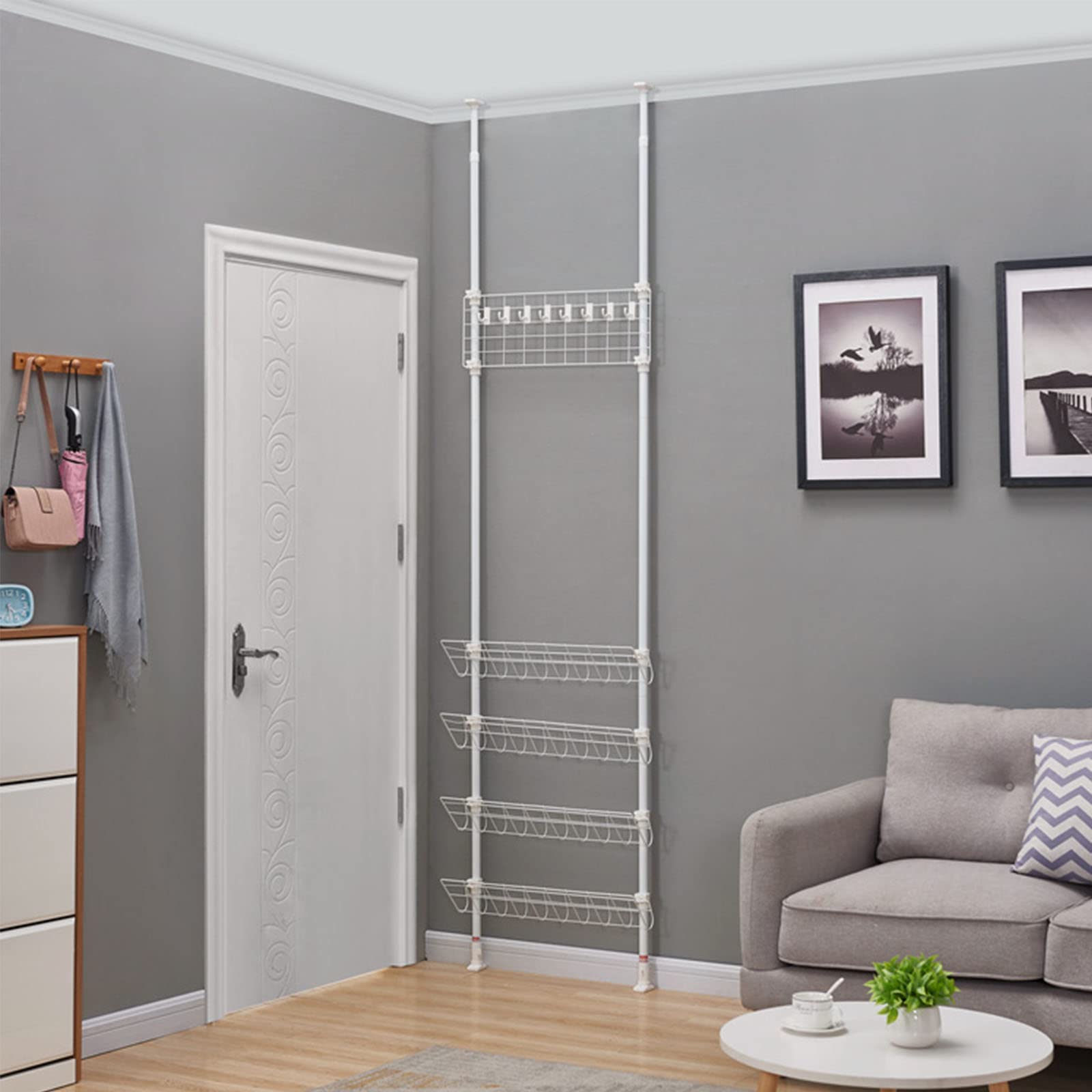 Adjustable 4-Tier Coat Rack & Shoe Organizer with 8 Hooks - 2-in-1 Metal Standing Behind Door Storage Stand for Hallway, Entryway, Foyer (White, 75cm/29.5in) - Space-Saving Solution for Small Apartments & Closet Organization