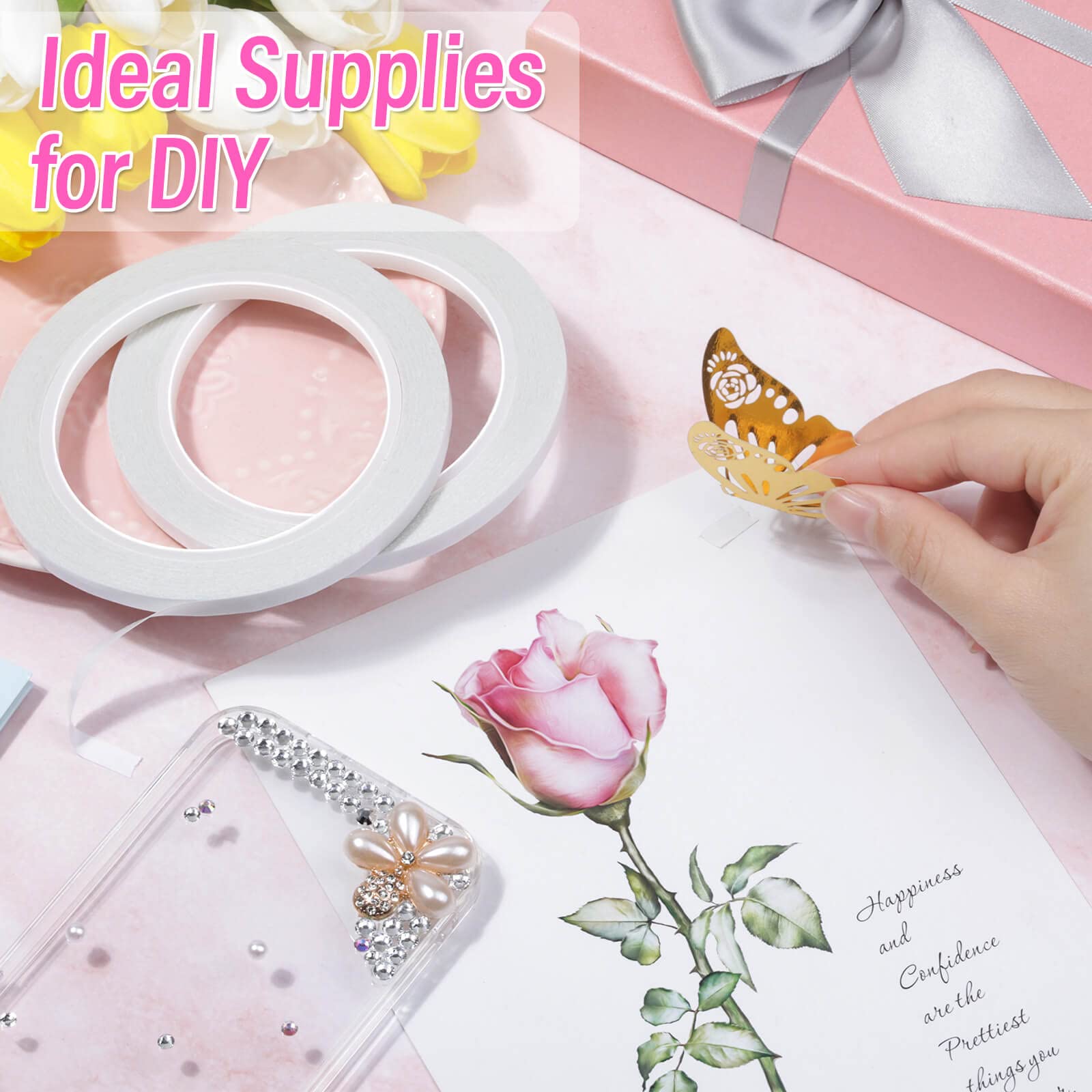 anezus Double Sided Adhesive Tape for Crafts - 2 Rolls Strong Sticky Tape for Scrapbooking, Card Making, DIY Projects & Home Decor | Perfect for Paper Crafts, Photo Albums & Wall Decoration