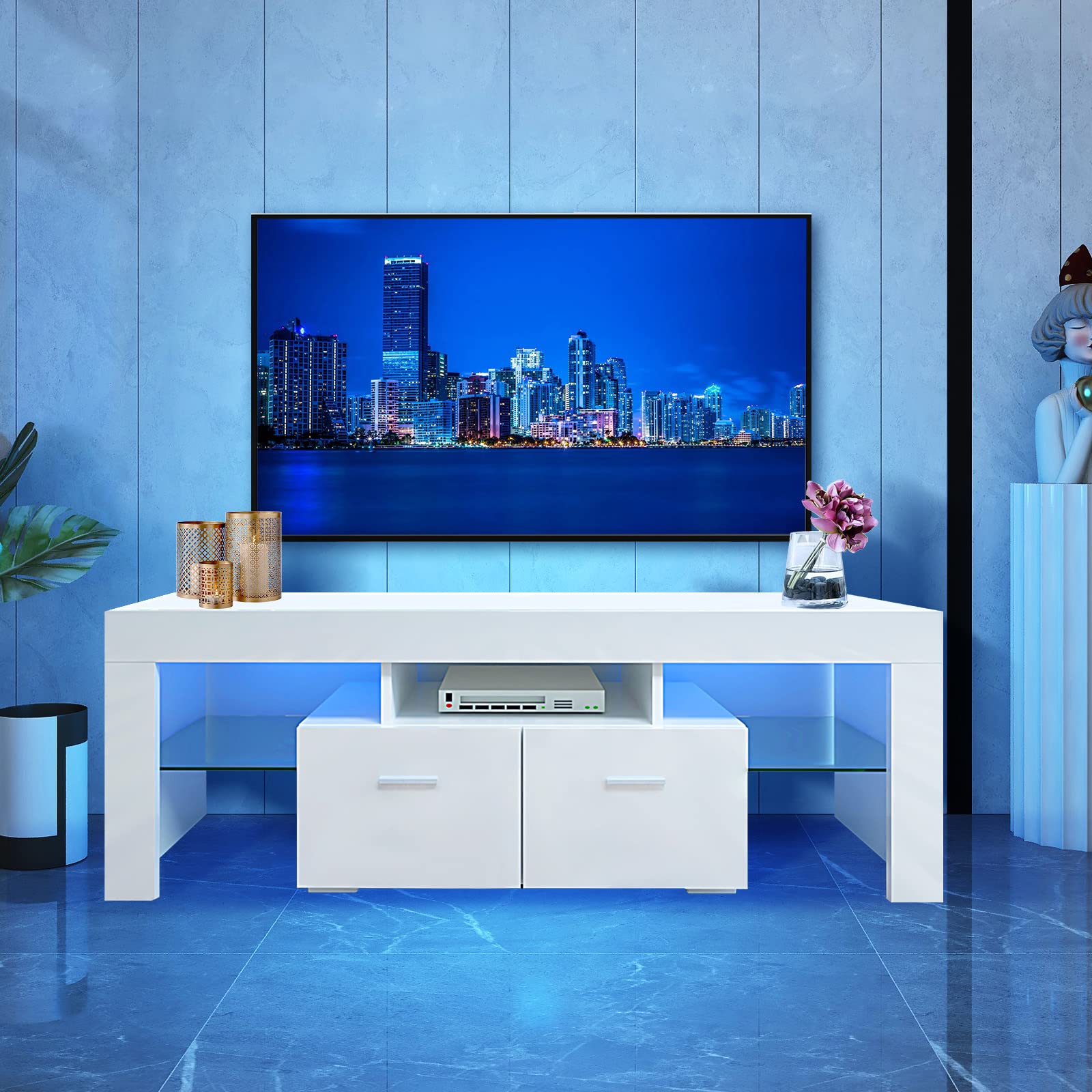 BNSPLY 55 Inch TV Stand with LED Lights - Modern Smart TV Cabinet for Living Room, High Gloss White Entertainment Center with Storage Shelves & 2 Drawers - Perfect for Home Theater, Gaming Setup & Living Room Decor