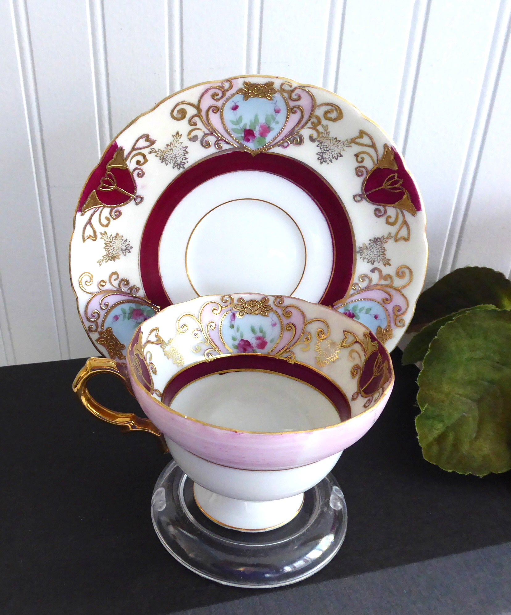 Vintage 1950s Japanese Hand-Painted Cup and Saucer Set - Maroon, Pink & Gold Heart Bouquet Design | Elegant Tea Time, Collectible Tableware, Gift for Tea Lovers