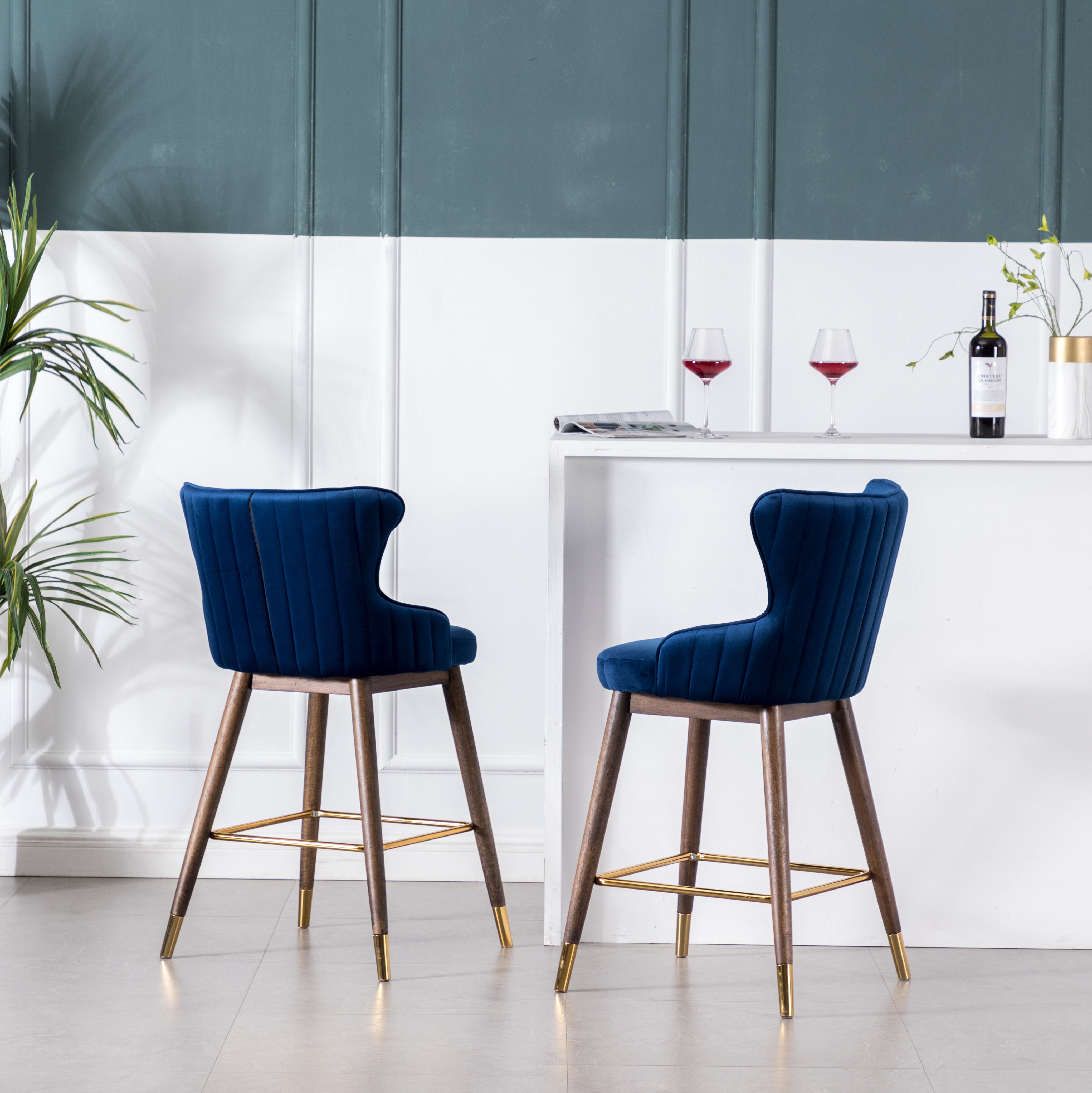 Roundhill Furniture Leland Fabric Upholstered Counter Height Wingback Bar Stools, Blue, Set of 2 - Perfect for Kitchen Islands, Breakfast Nooks & Home Bars