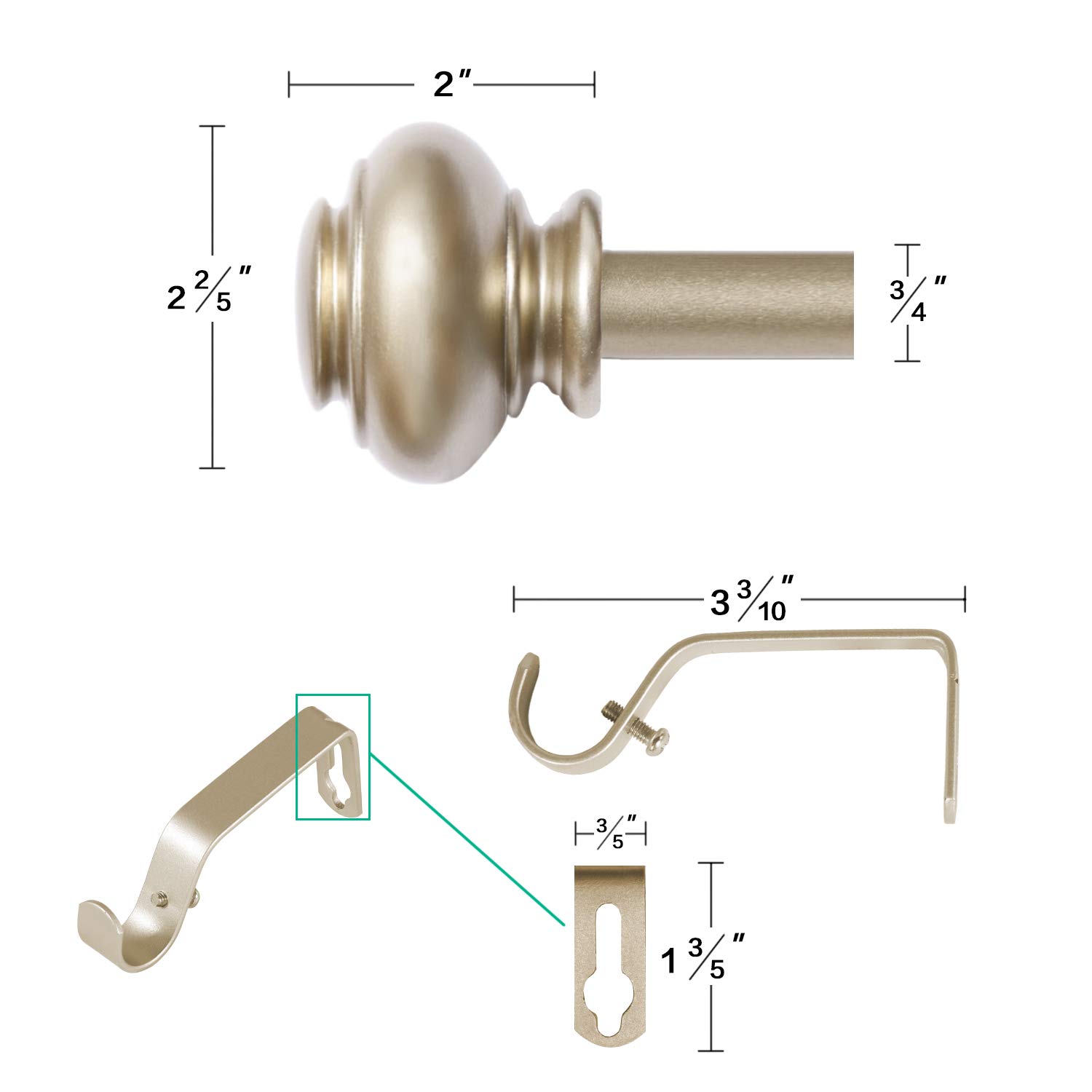 Adjustable 28-48 Inch Gold Window Curtain Rod Set - 2 Pack with Urn Finials, 3/4 Inch Diameter for Living Room, Bedroom & Dining Room Decor