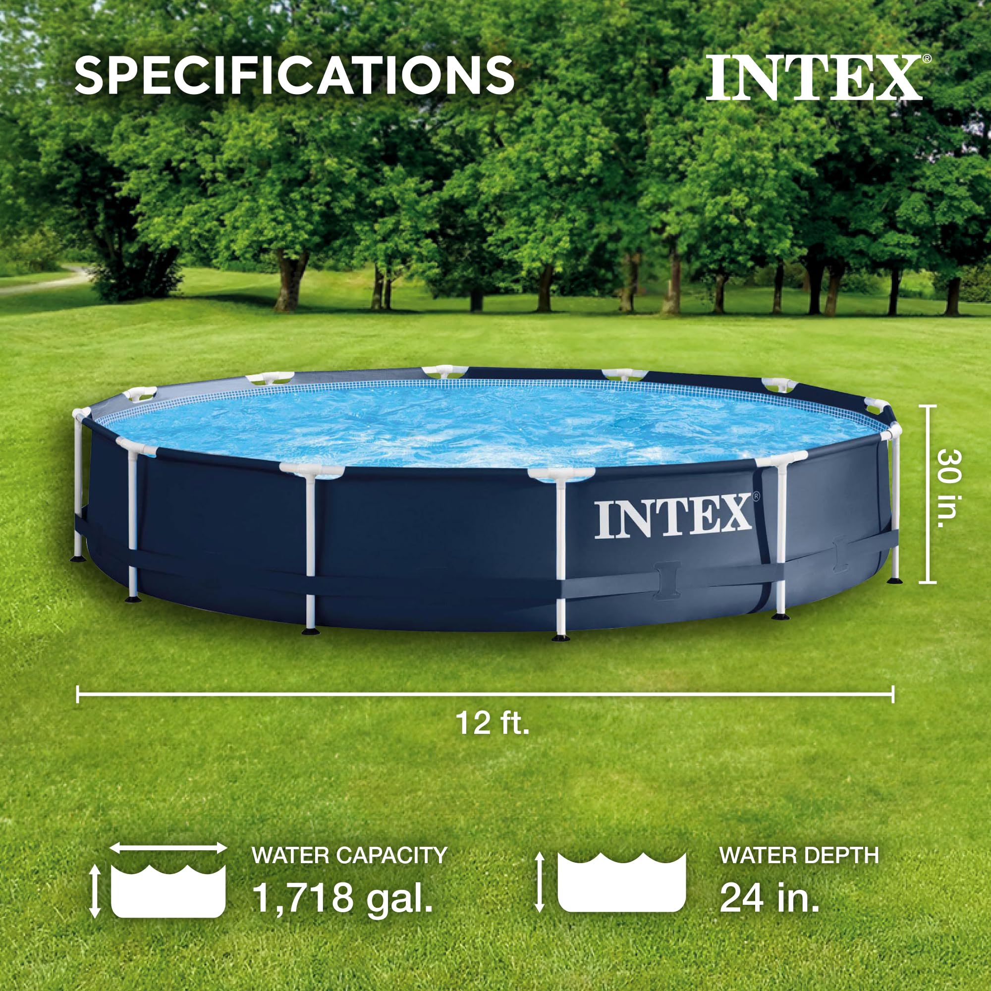 Intex 12ft x 30in Round Metal Frame Above Ground Swimming Pool with 530 GPH Filter Pump - Outdoor Backyard Family Pool for Summer Fun, Parties & Relaxation