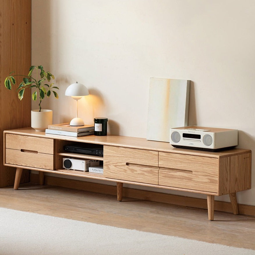 Solid Oak Wood TV Stand with Sliding Doors - Rustic Modern Entertainment Center for Living Room, Bedroom & Home Theater