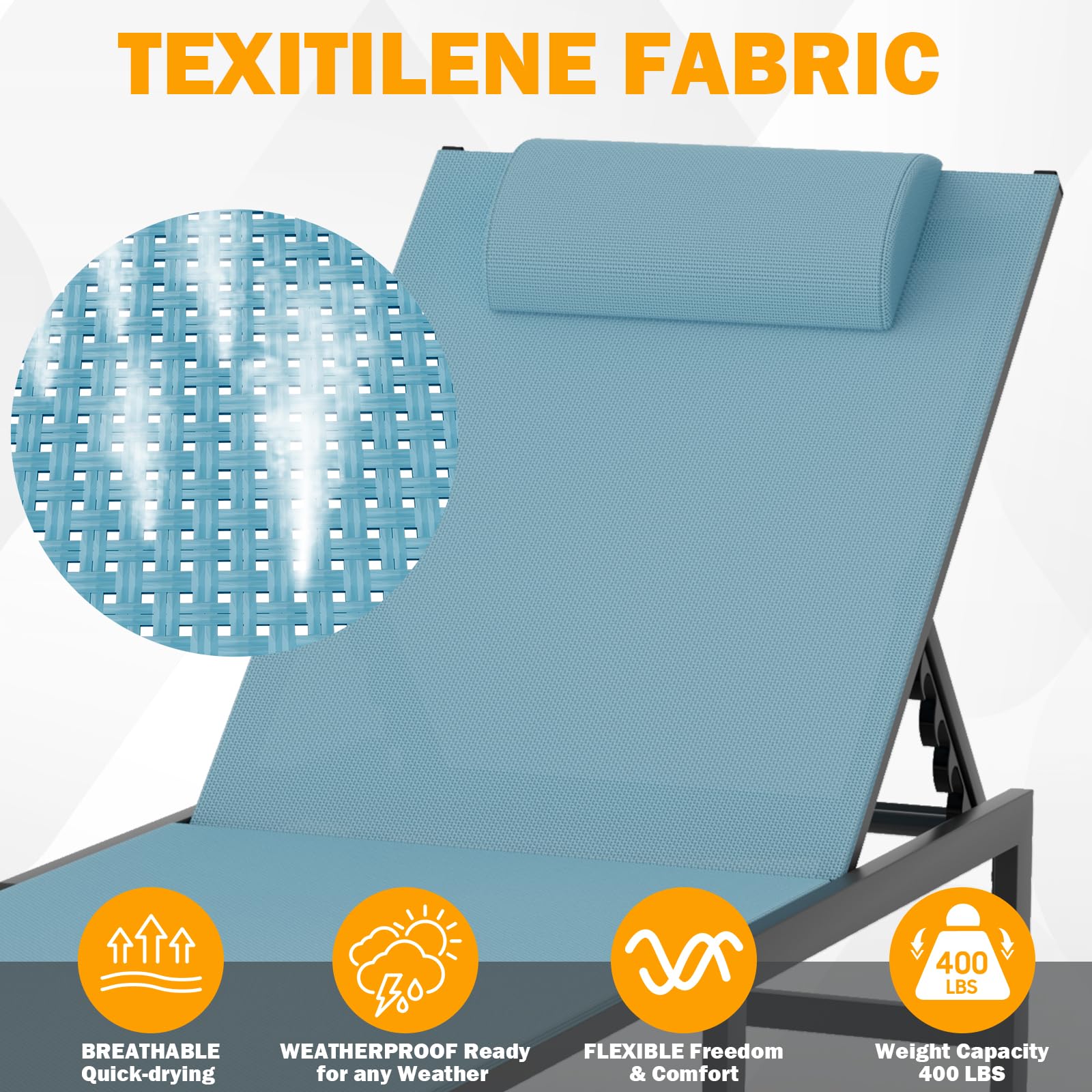 Outdoor Chaise Lounge Chair with Adjustable Backrest - Aluminum Patio Lounge Chair with Headrest Pillow - Perfect for Beach, Poolside & Backyard Relaxation (Blue)