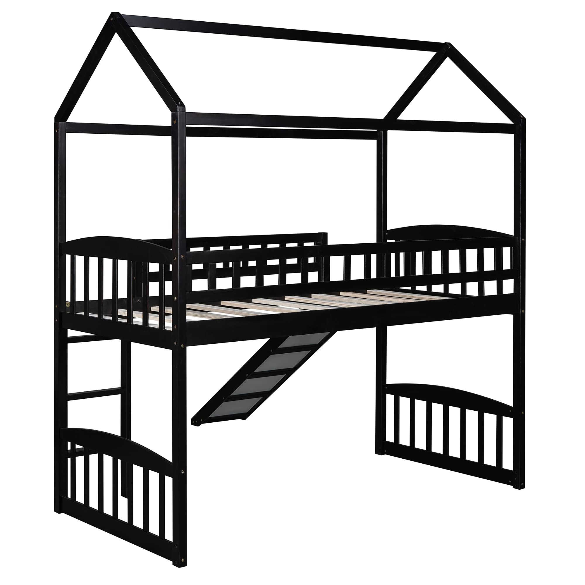Space-Saving Twin Loft Bed with Slide & Safety Guardrails - Wooden House Bed with Roof & Ladder for Kids, Teens, Boys & Girls (Espresso-5) | Perfect for Small Bedrooms, Playrooms & Dorm Rooms
