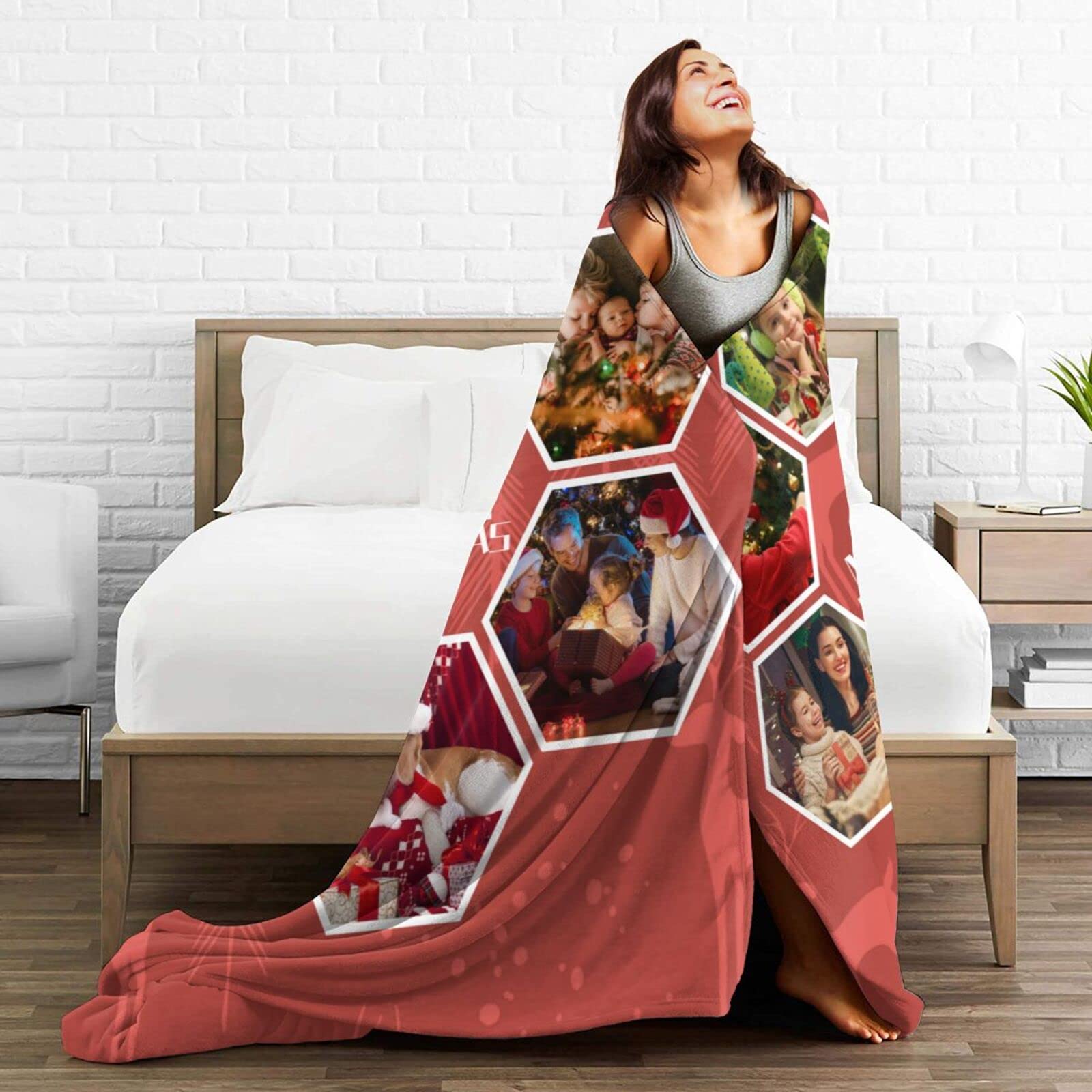 Merry Christmas Throw Blanket - Cozy Winter Holiday Fleece Flannel Blanket with Red Reindeer Design | Personalized Custom Blanket with 6-Photo Collage | Perfect for Sofa, Bed & Holiday Decor