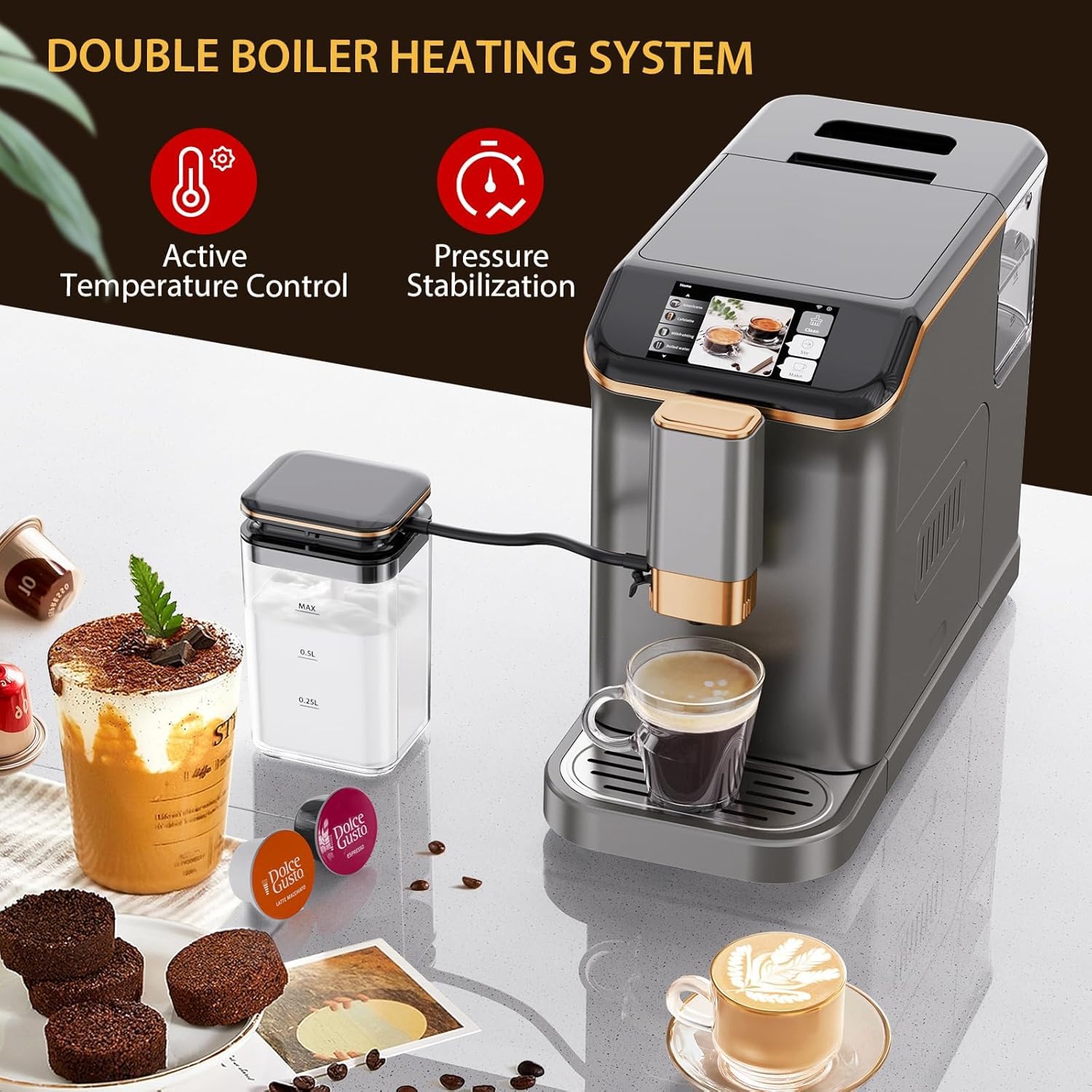 20 Bar Semi-Automatic Espresso Machine with Built-in Grinder & Milk Frother - 95oz Removable Water Tank (Grey/Gold) - Professional Coffee Maker for Home Baristas & Coffee Lovers - Perfect for Espresso, Cappuccino & Latte Making at Home