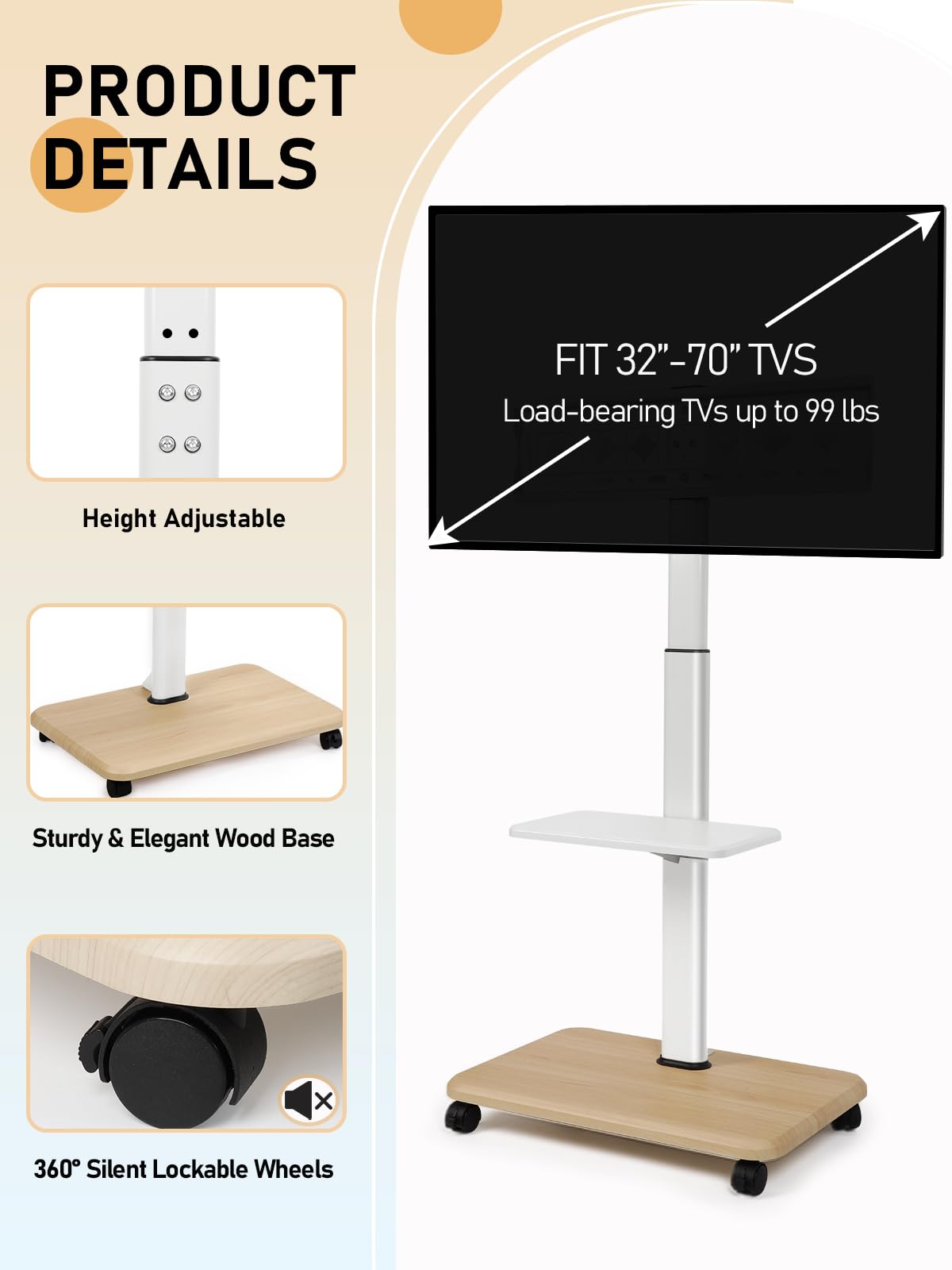 Adjustable Rolling TV Stand for 32-70 Inch Flat/Curved LED/LCD/OLED Screens - Mobile TV Cart with Wheels & Laptop/DVD Shelf - Supports up to 100lbs - Perfect for Bedroom, Living Room & Outdoor Use - White