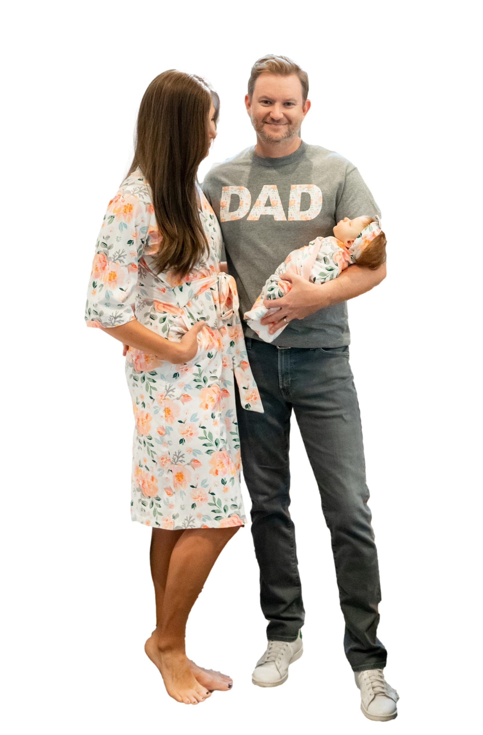 Baby Be Mine Maternity Nursing Robe, Newborn Swaddle Blanket & Daddy T-Shirt Set - Soft Hospital Delivery Gown for Mom, Cozy Receiving Blanket for Baby Girl - Perfect for Breastfeeding, Newborn Photos & Family Bonding Time