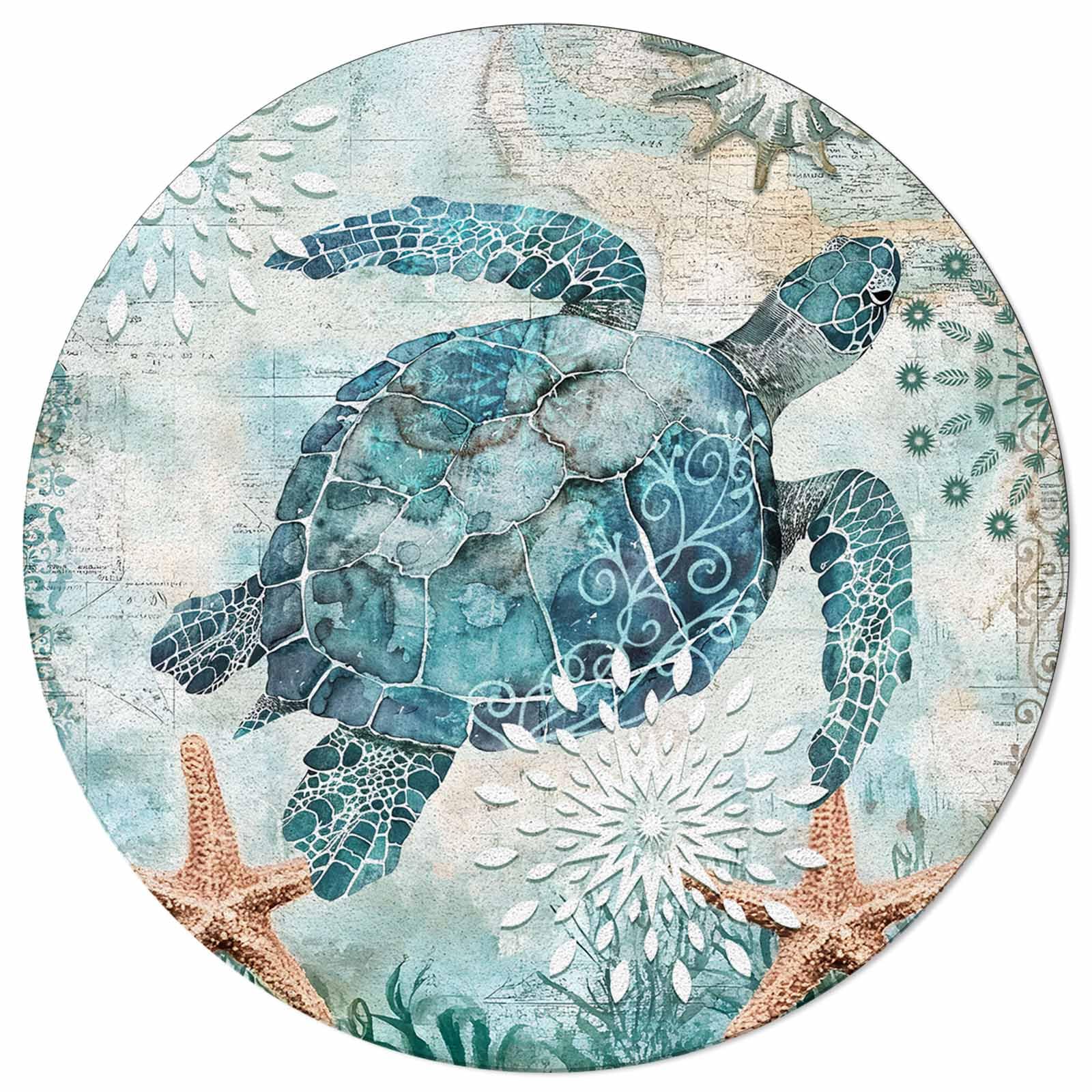 Libaoge 6 ft Round Area Rug - Soft Indoor Carpet with Aloha Sea Turtle & Nautical Map Design for Living Room, Bedroom, Yoga Mat | Non-Slip Home Decor for Beach House, Dorm, Nursery & Meditation Space