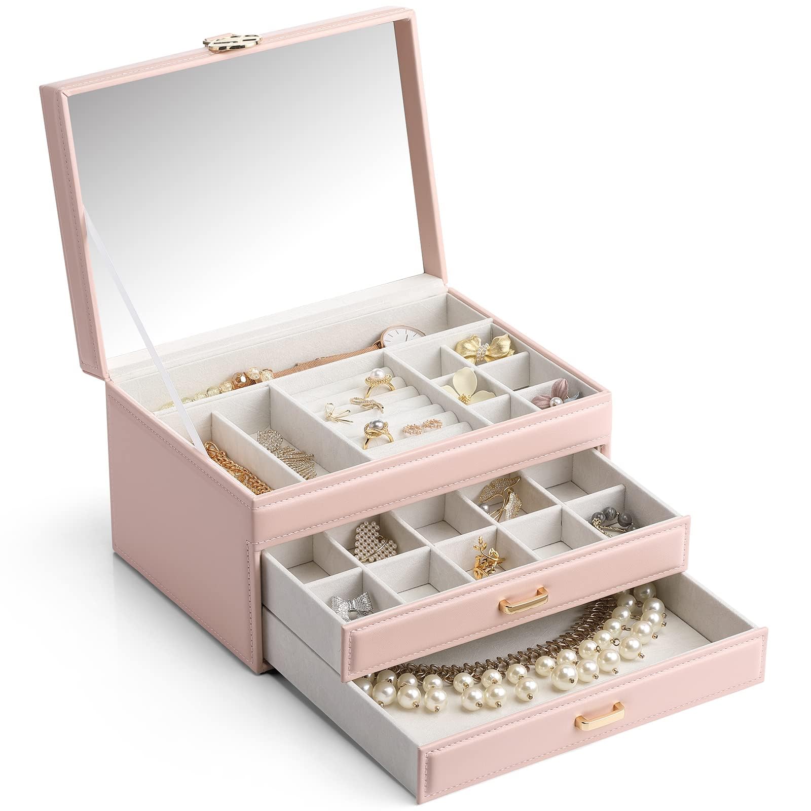 Vlando Large-Capacity Faux Leather Jewelry Box with Mirror - Pink Jewelry Organizer for Earrings, Necklaces, Rings & Bracelets - Perfect Gift for Women, Girls & Mothers Day - Ideal for Bedroom Vanity, Travel & Gift Giving