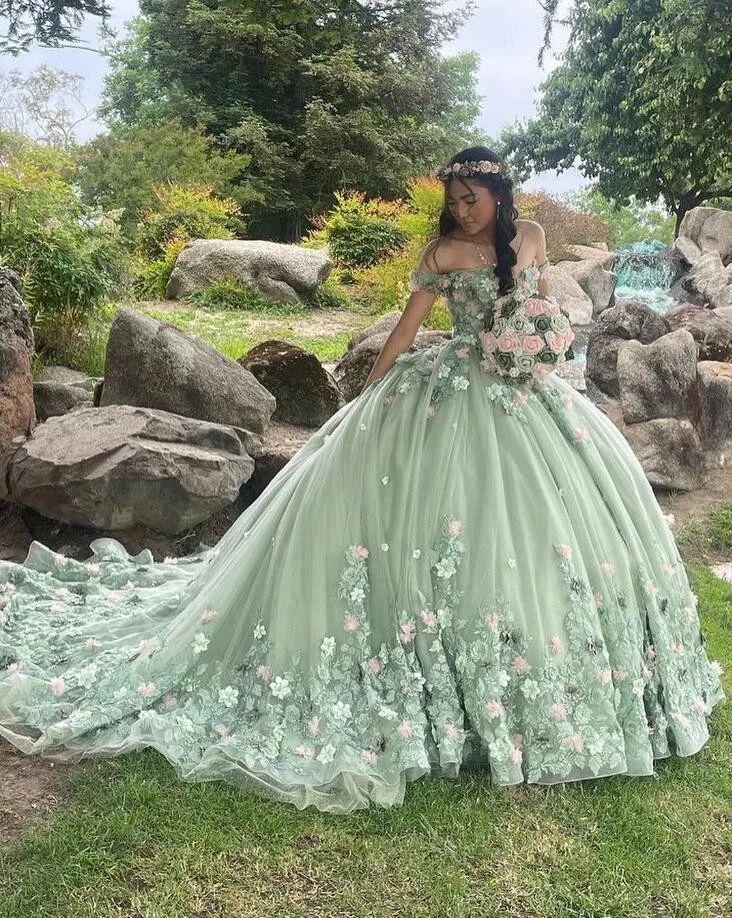 Elegant Mint Green Quinceanera Ball Gown with 3D Floral Appliques - Princess Birthday Party Dress J5051 | Perfect for Sweet 16, Quinceañera Celebrations & Formal Dances