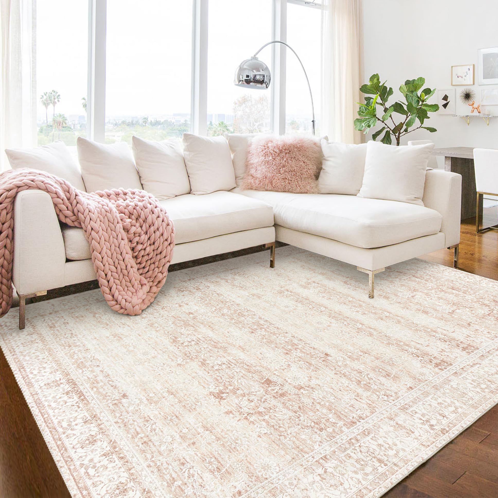 BILEEHOME 5x8 Washable Soft Faux Wool Nursery Rug - Neutral Blush Pink Boho Floral Baby Girl Rug for Living Room, Bedroom & Nursery | Perfect for Playtime, Nursery Decor & Cozy Home Accents