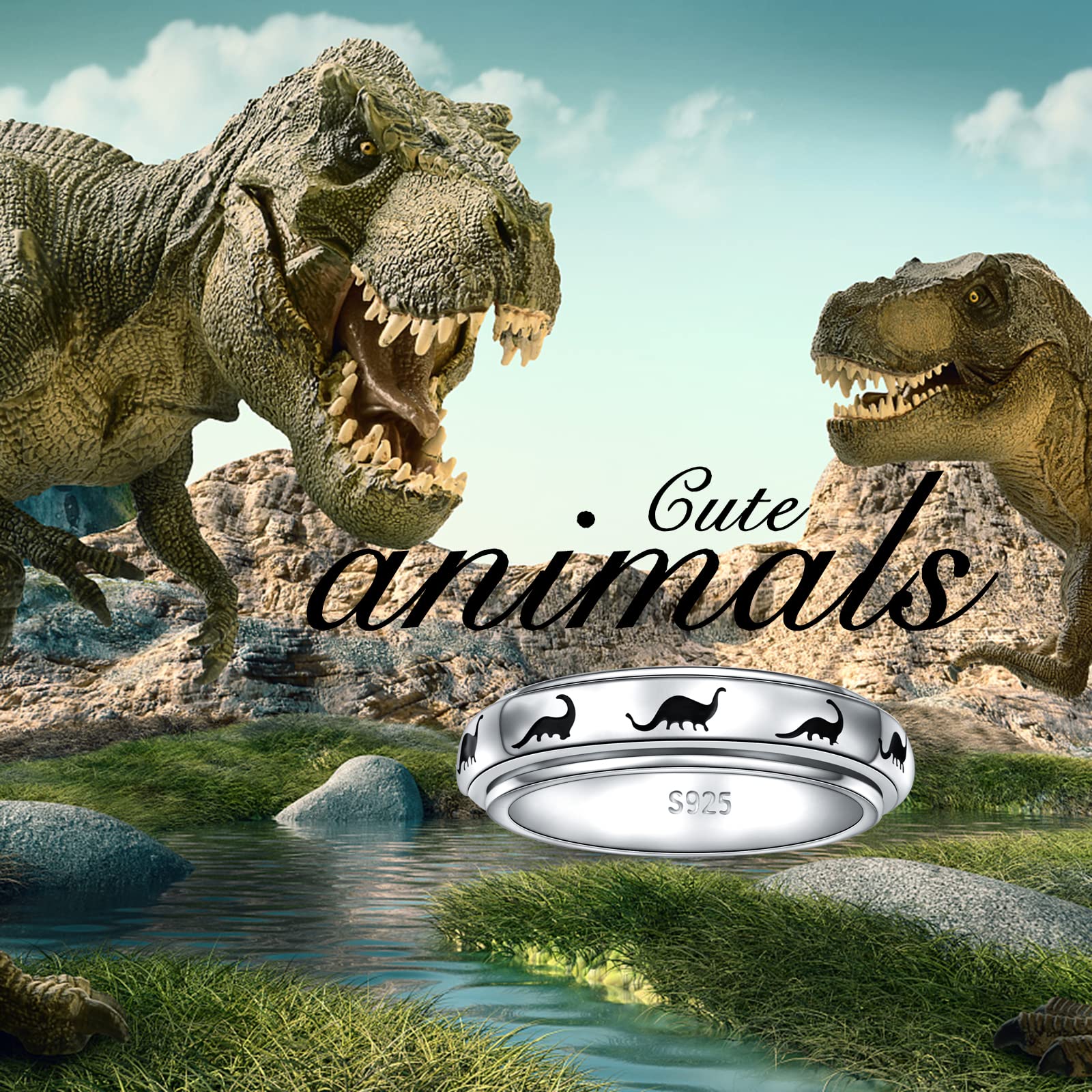 S925 Sterling Silver Anxiety Spinner Ring for Women & Men - Stress Relief Fidget Jewelry for Adults & Teens - Dinosaur Spinner Design for Anxiety Relief & Focus - Perfect for Office, School & Daily Wear