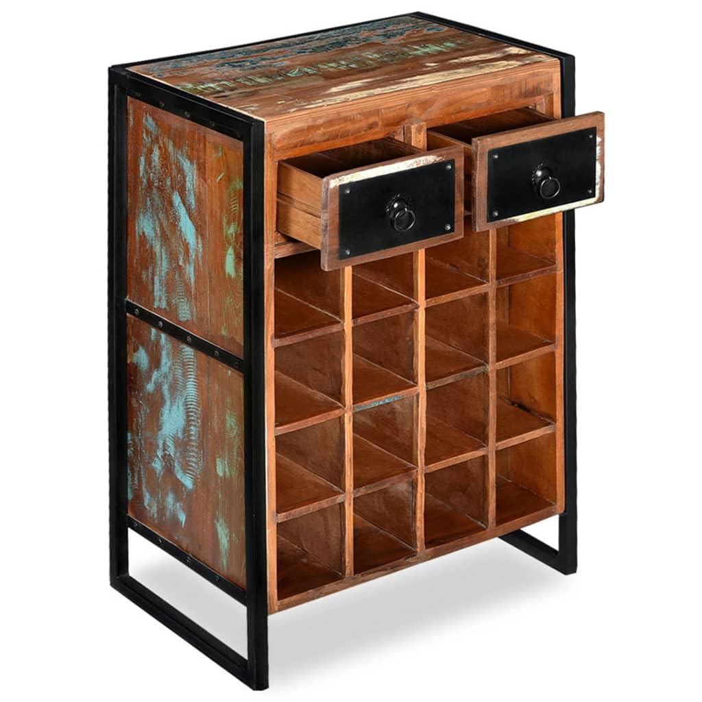 Industrial Wine Rack 16 Bottles Capacity with 2 Pull-Out Drawers - Solid Reclaimed Wood Rustic Bar Cart for Kitchen, Dining Room or Wine Cellar - 21.2