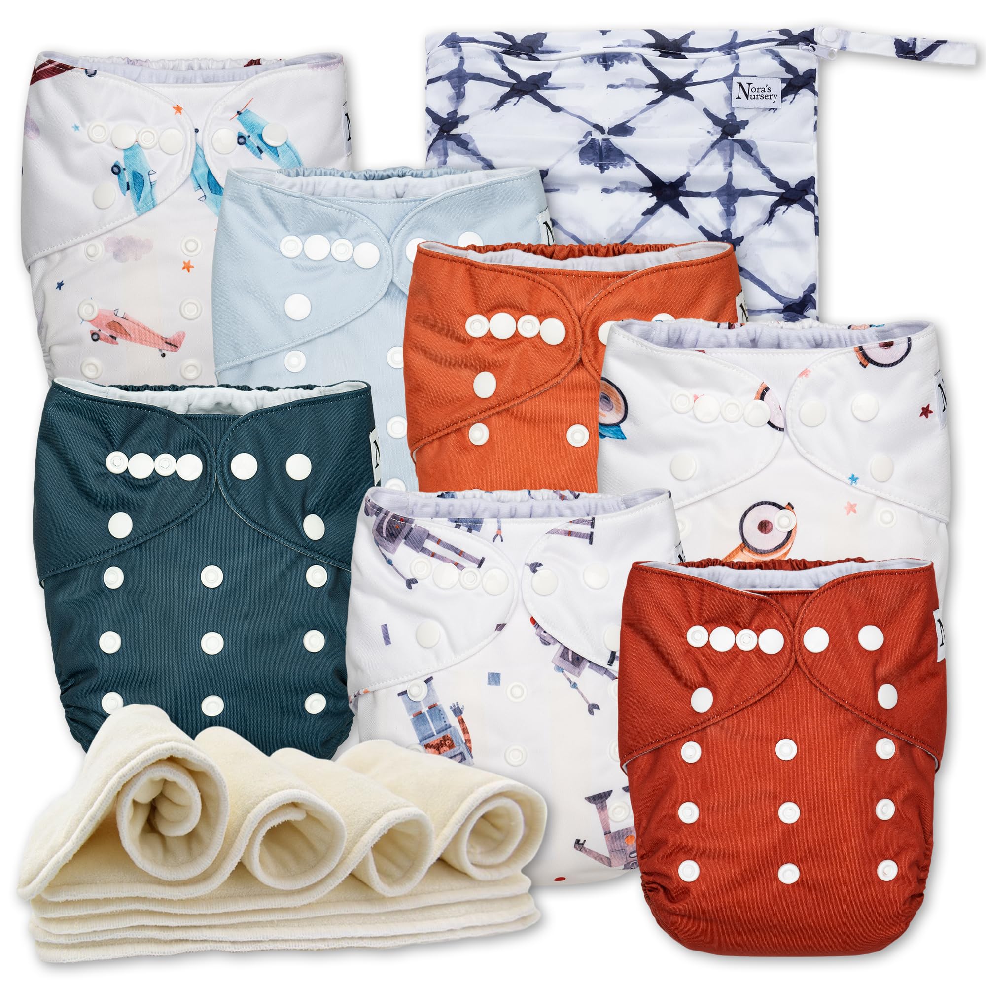 Nora's Nursery 7-Pack Cloth Diapers with Bamboo Inserts & Wet Bag - Reusable, Washable, Adjustable Pocket Diapers for Newborns to Toddlers - Waterproof, Eco-Friendly Baby Diapering Solution - Perfect for Daycare, Travel & Home Use