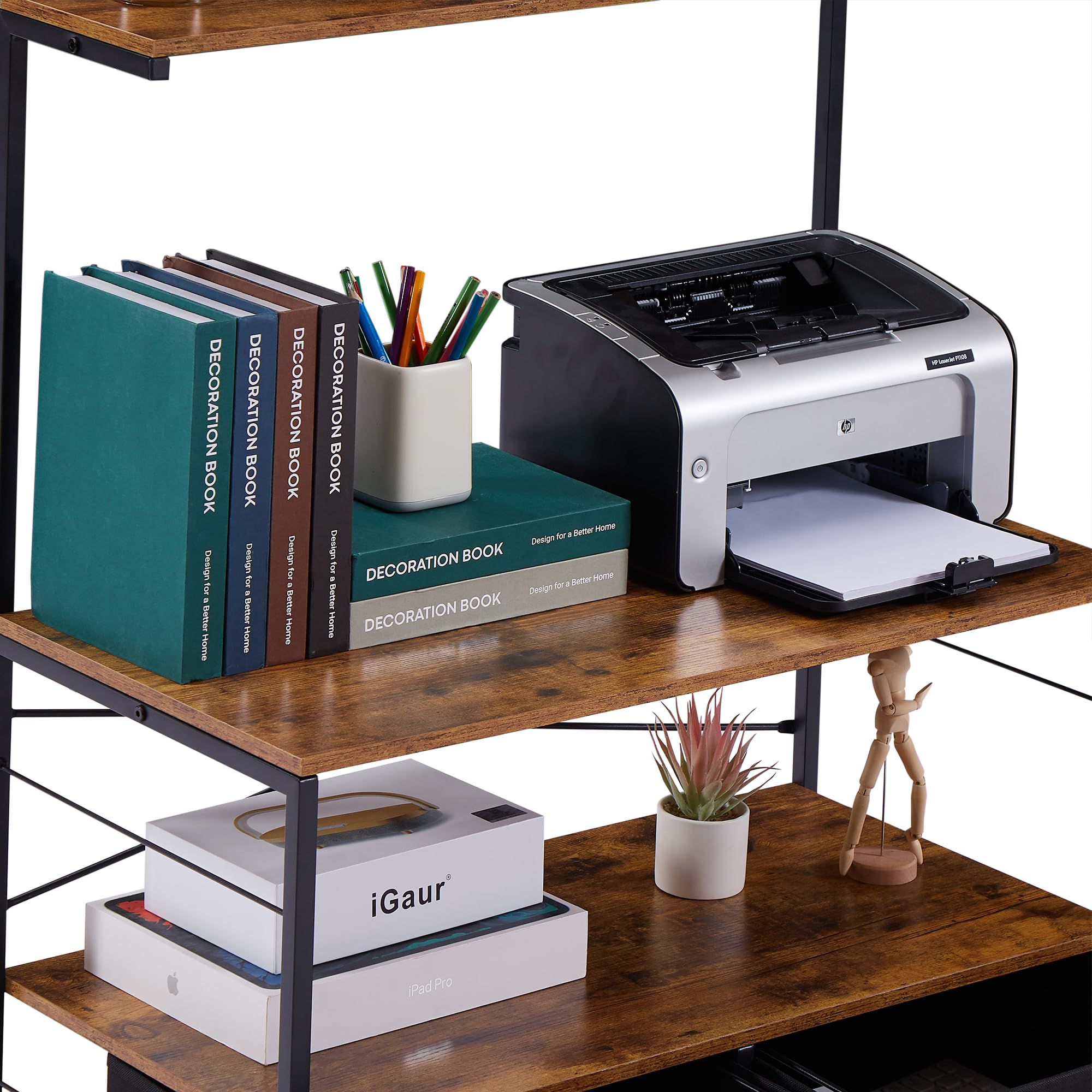 VECELO Large Mobile Printer Stand with 3-Tier Shelf & 2 Drawers - Heavy Duty File Cabinet on Wheels for Home Office Organization (Letter Size, Brown) - Perfect for Printer Storage, File Management & Workspace Organization