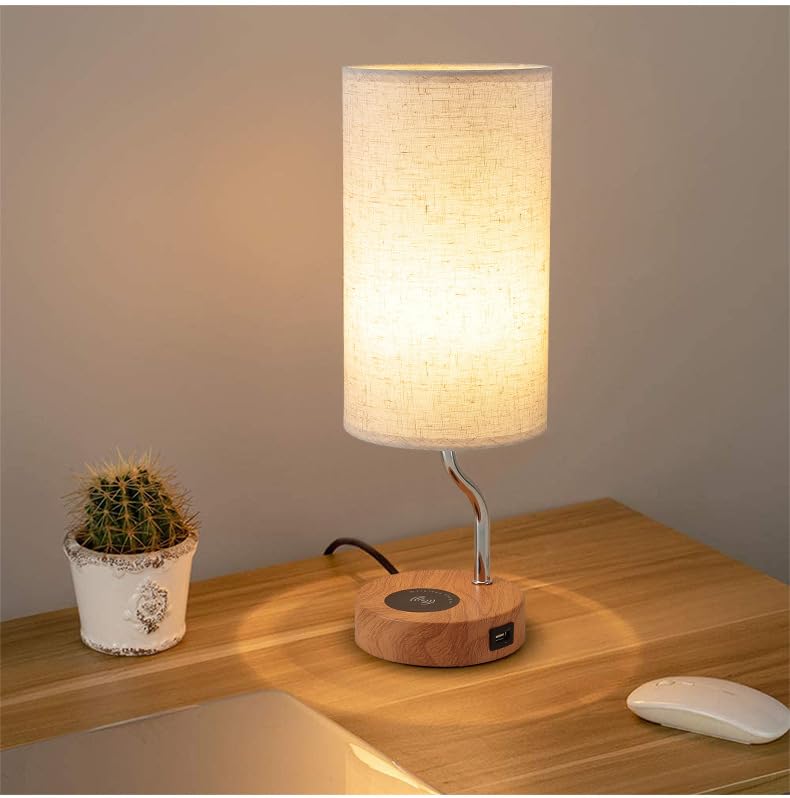 Wireless Charging Bedside Table Lamp with USB Port - 3-Way Dimmable Touch Control LED Desk Lamp for Bedroom, Wooden Nightstand Lamp with Fabric Shade for Living Room, Kids Room, Dorm & Office | Perfect for Reading, Working & Nighttime Use