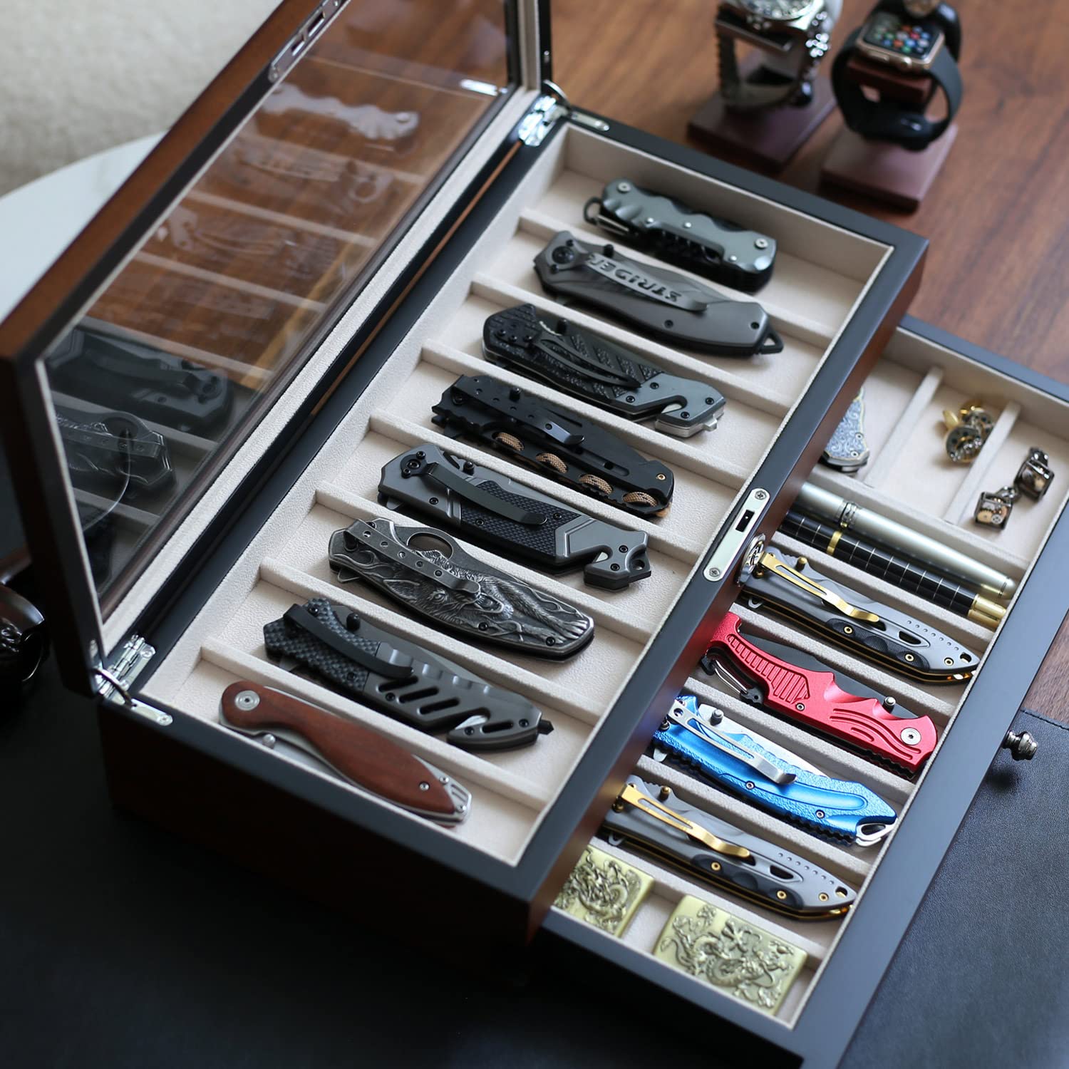 Premium Walnut Folding Knife Display Case - 2-Tier Organizer with Real Glass Top for 15-17 Pocket Knives | Collector's Storage Box with Drawer | Perfect for Men's Knife Collections, Home Office & Hunting Cabin Decor