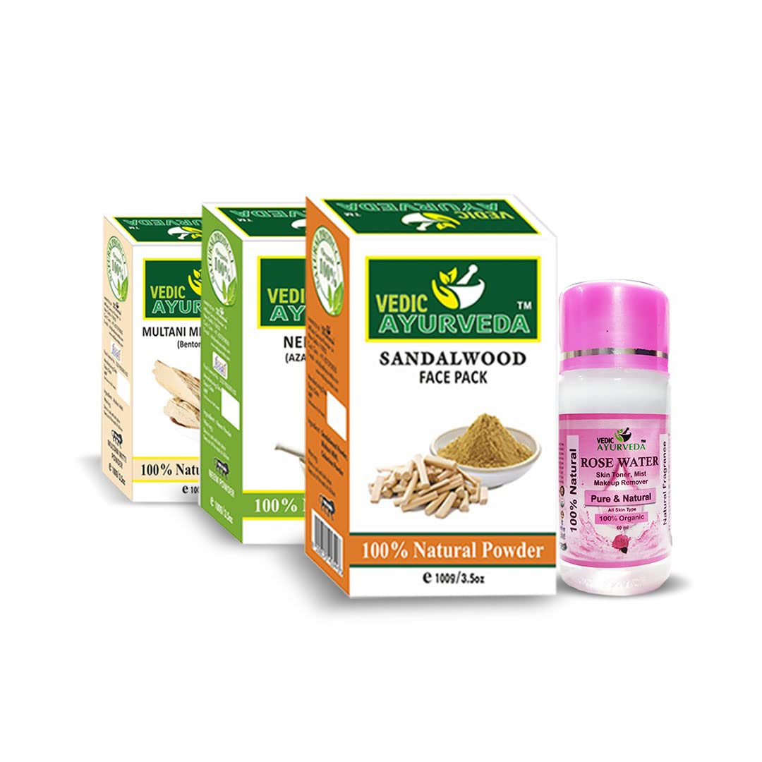 VEDICAYURVEDA Multani Mitti, Neem & Sandalwood Face Pack for Glowing Skin - Natural Clay Mask with Rose Water for Skin Brightening, Acne Control & Pore Refining | Daily Skincare & Face Toner for Radiant Complexion | Perfect for Oily Skin, Blackhead Removal & Evening Skin Routine