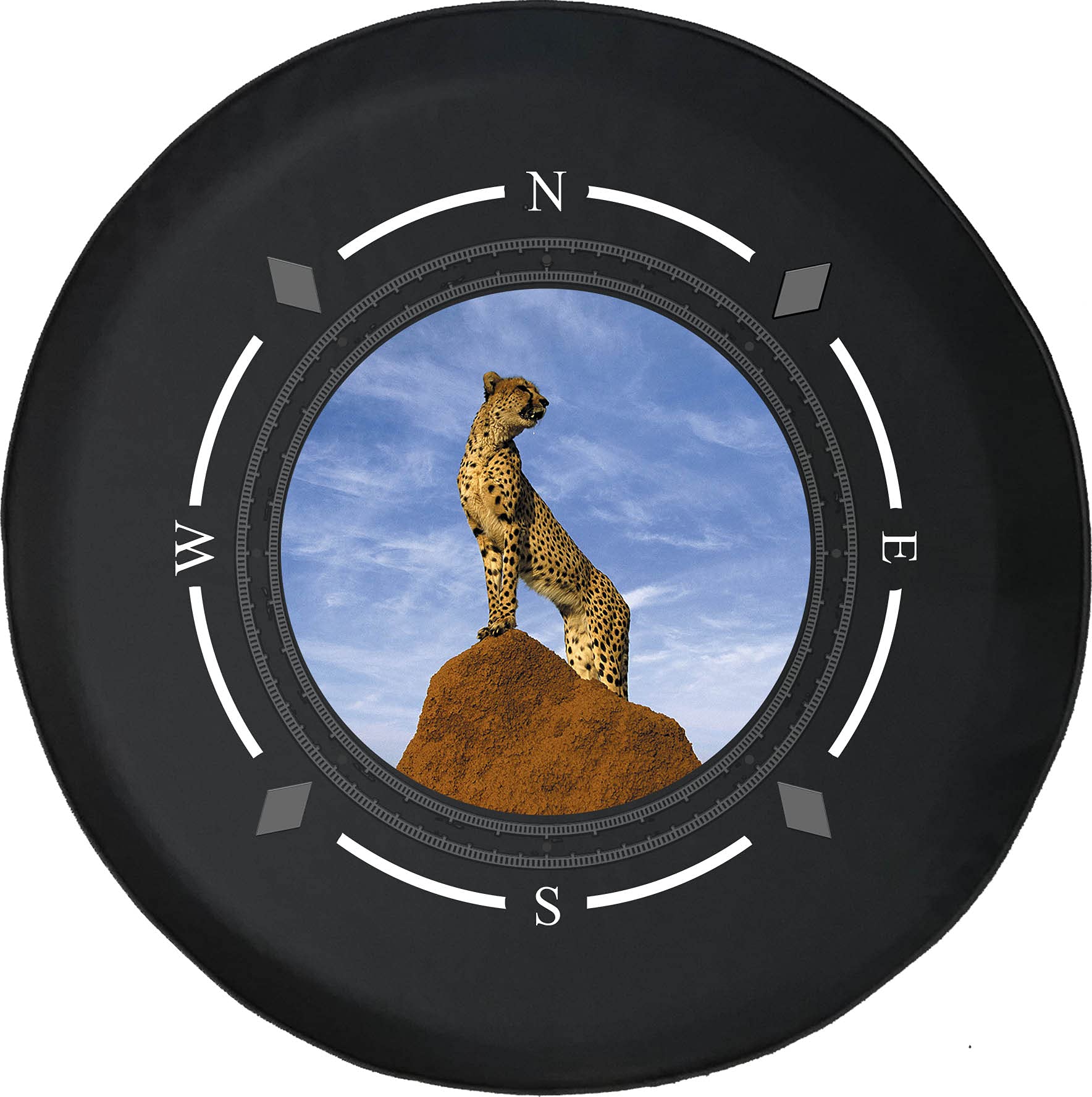 American Unlimited Spare Tire Cover with Compass & Cheetah Hunting Design - Universal Fit for SUV, Trailer, RV & Most Vehicles | Durable Wheel Protection for Off-Road Adventures & Safari Trips