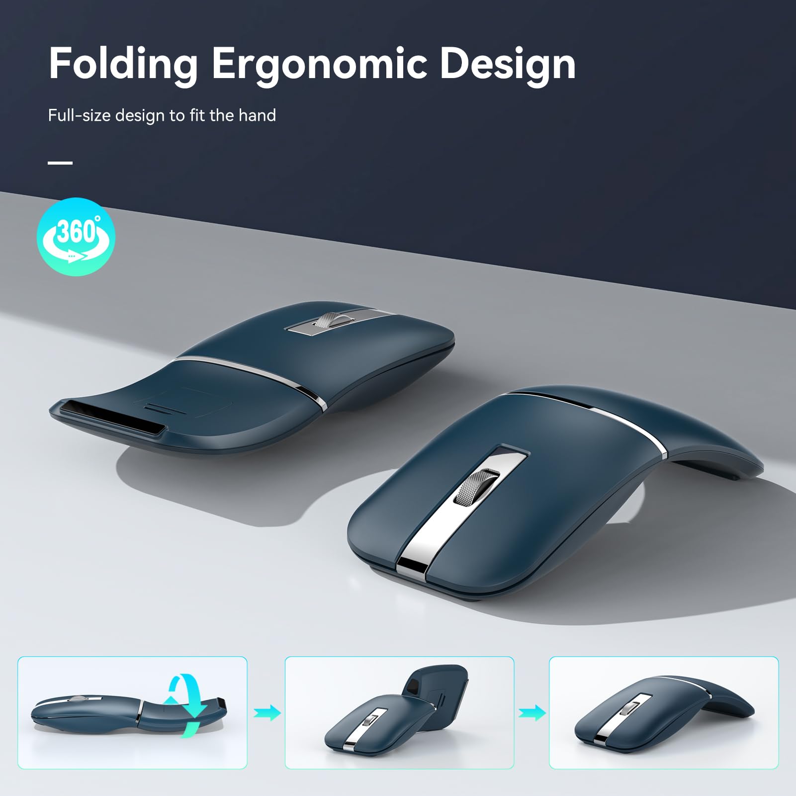 Foldable Bluetooth Travel Mouse - Rotatable Wireless Mouse with 2.4G USB Receiver, Rechargeable Ergonomic Mouse for Laptop, Notebook, PC | Portable for Business Travel, Office & Home Use (Blue)