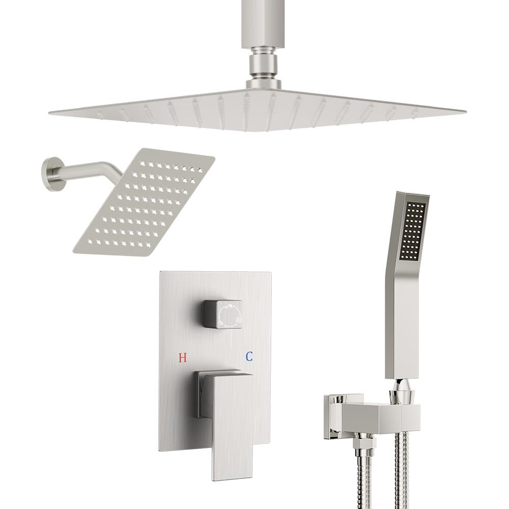 Starbath 12+6 Inch Brushed Nickel Shower Faucet Set - Double Rainfall Shower Head & Handheld Spray Combo for Two Person, Ceiling Mount Shower System with Valve Body & Trim Kit - Perfect for Master Bathroom, Spa-Like Experience & Couple Showering