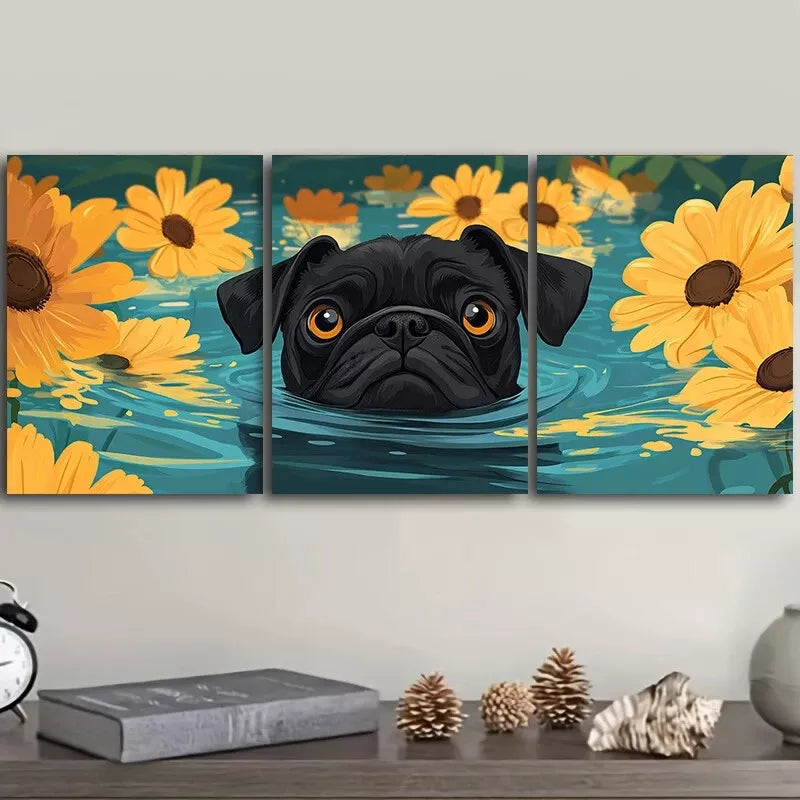3-Piece Cute Pug Swimming in Water Nature Wall Art Set - Framed Canvas 40x60cm (16x24in) | High Quality Print | 100% Australian Made | Ready to Hang | Perfect for Living Room, Bedroom & Office Decor