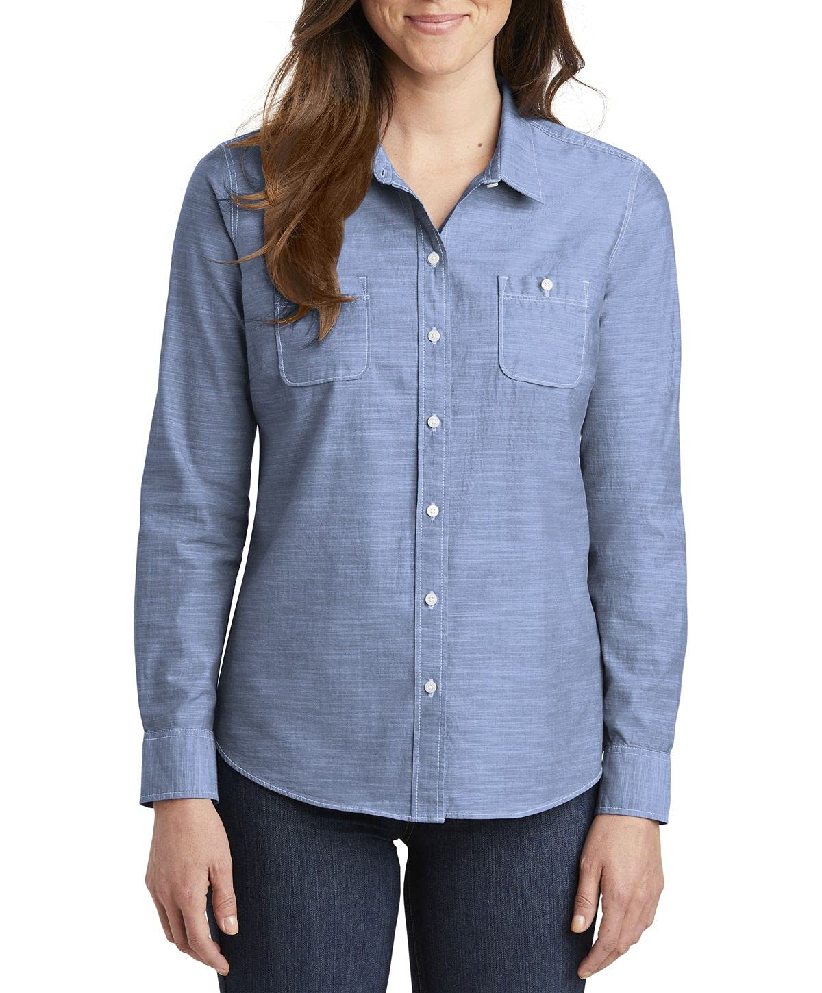 JustBlanks Women's Long Sleeve Chambray Shirt - Classic Fit Button Down Blouse for Office, Casual & Business Wear | Comfortable & Stylish Work Shirt for Women