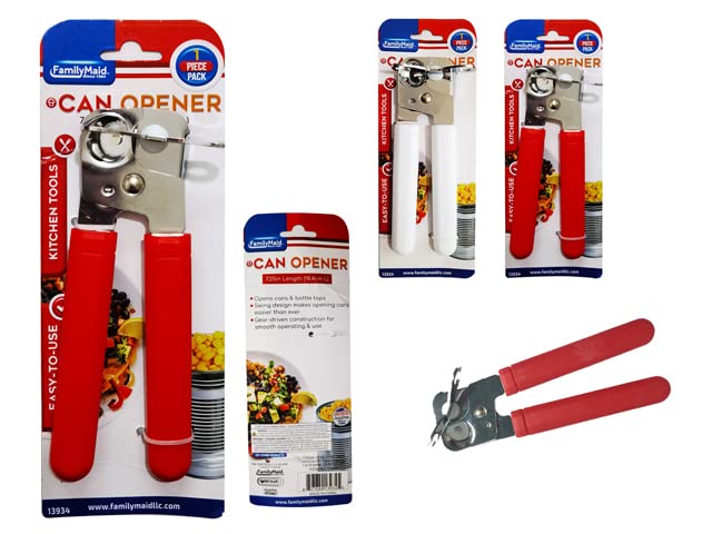 Family Maid 13934 2.4 x 7.9 Inch White & Red Manual Can Opener - Essential Kitchen Tool for Camping, Emergency Prep & Everyday Cooking