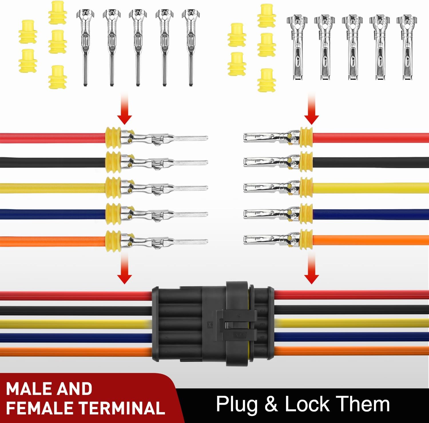 220PCS 5 Pin Electrical Connector Plug Kit - Male & Female Terminal Wire Connectors for Automotive, Marine & DIY Electrical Projects
