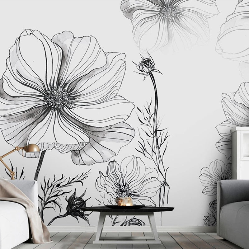 Sketch Flower Wallpaper Mural - Unique Hand-Drawn Design for Living Room, Bedroom & Nursery Decor | Peel & Stick Removable Wall Art