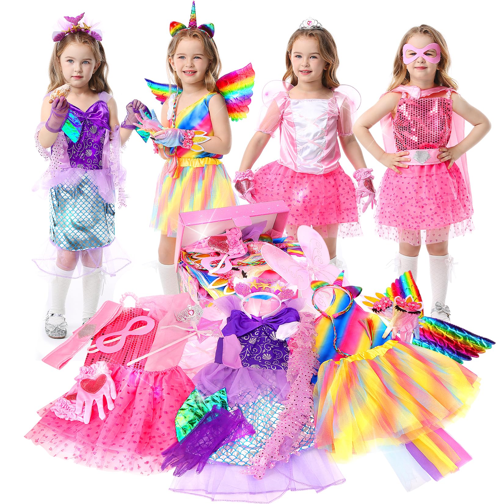 23 Pcs Princess Dress Up Costume Set for Girls - Unicorn, Mermaid & Fairy Costumes for Ages 3-6 | Birthday & Christmas Gift | Pretend Play, Dress Up Party & Role Play Costumes for Kids