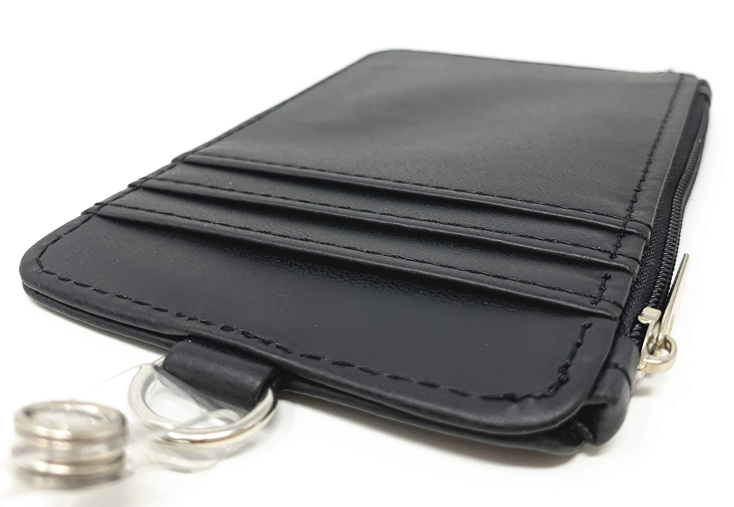 PU Leather Vertical ID Badge Holder with Zip - Slim Double Sided RFID Blocking Wallet Case with 5 Card Slots & Zipper Pocket - Includes Neck Lanyard & Retractable Reel (Black) - Perfect for Office, Security, Events & Conventions
