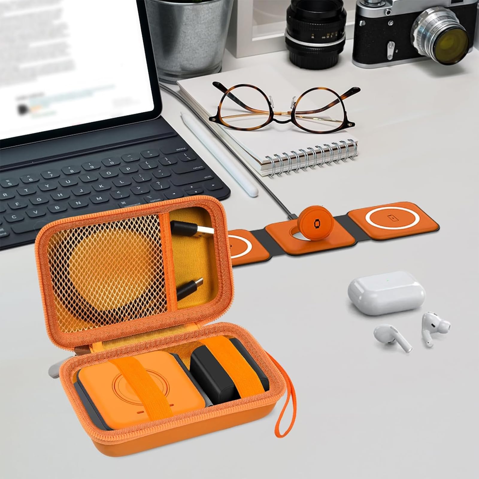 UCOMX Nano Rtops Hicober Iseyyox 3-in-1 Wireless Charger Travel Case - Foldable Magnetic Charging Station Storage Bag for Fast Charge Pad, Cable & Adapter (Orange Box) - Perfect for Travel, Office & Home Organization