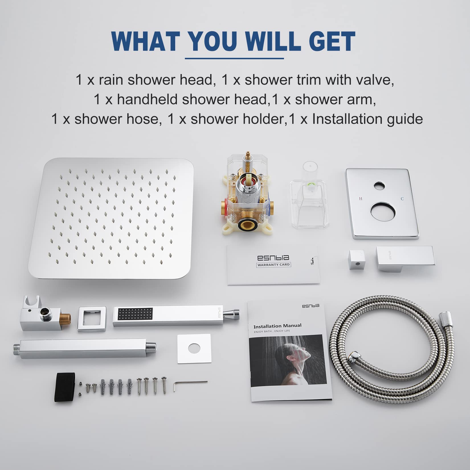 ESNBIA 10 Inch Ceiling Shower System - High Pressure Rainfall Dual Shower Head Combo with Handheld Sprayer, Chrome Shower Faucet Set with Valve and Trim - Perfect for Modern Bathroom Renovation & Spa-Like Shower Experience
