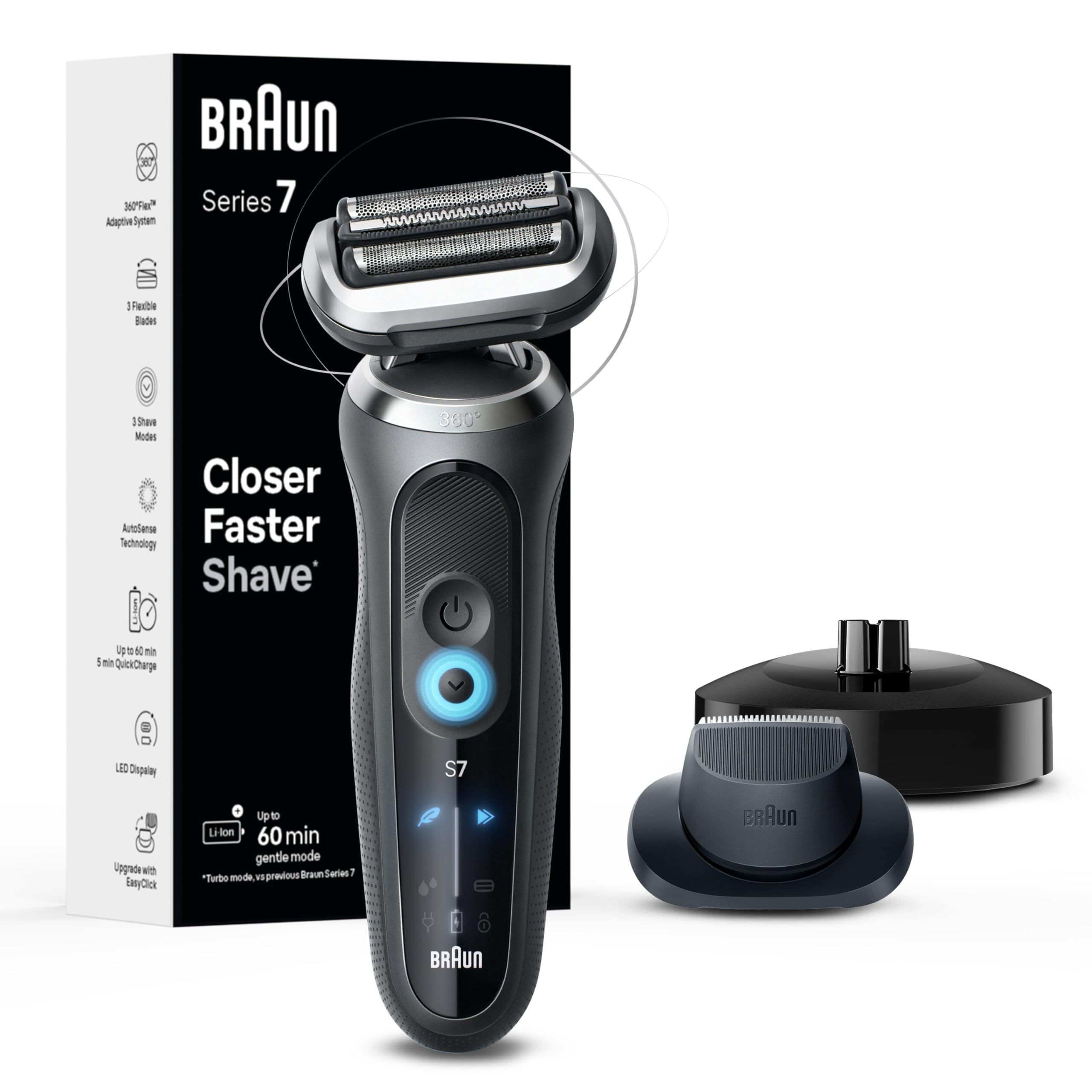 Braun Series 7 7127cs Electric Razor for Men - Wet & Dry Foil Shaver with Beard Trimmer | Waterproof, Turbo & Gentle Modes | German Engineered | Includes Charging Stand (Space Grey) | Perfect for Travel, Daily Shaving & Sensitive Skin