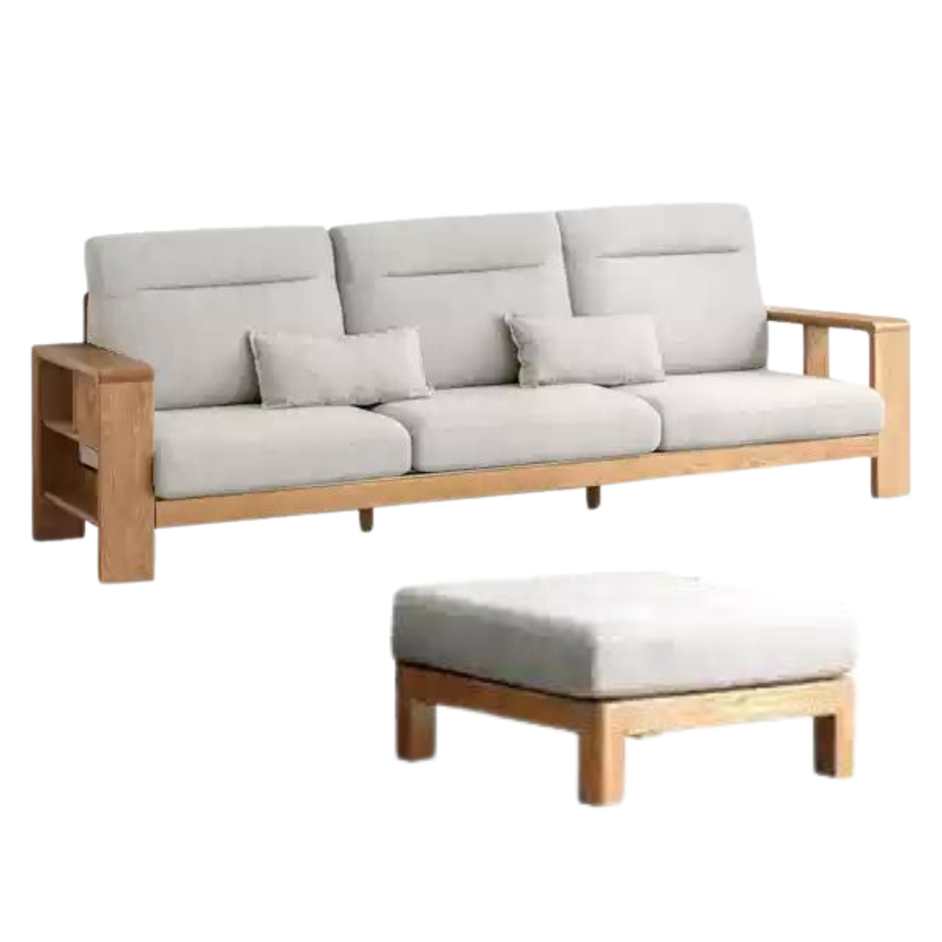 95.7x63.8x36.6 inch / 243x162.8x93сm / Natural wood color / small three-seater + footrest