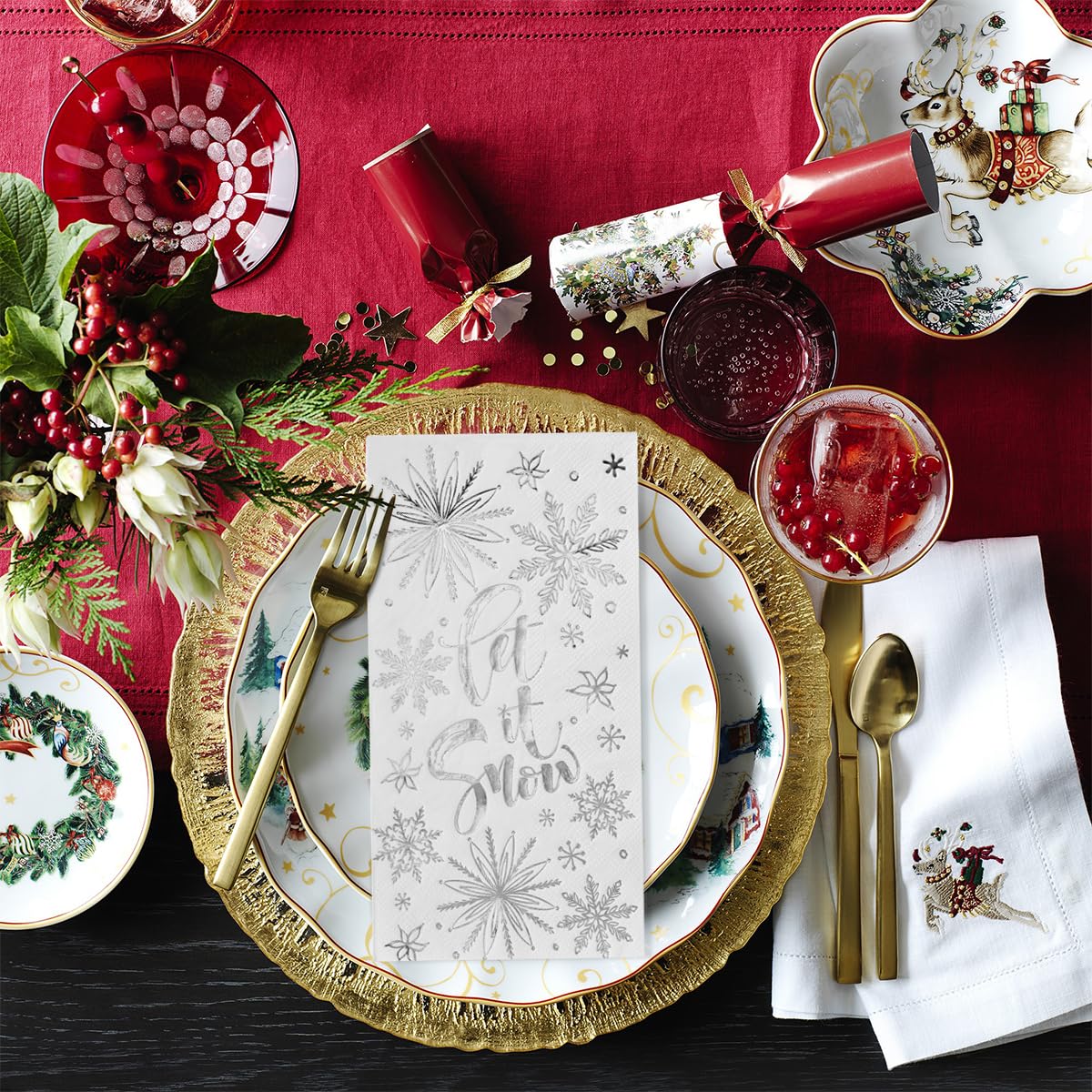 Horaldaily 100 Christmas Disposable Paper Napkins - Let It Snow White with Silver Foil - Decorative Guest Hand Towels for Holiday Parties, Lunches, Dinners, Kitchen & Bathroom - Perfect for Christmas Gatherings, Office Celebrations and Festive Home Decor