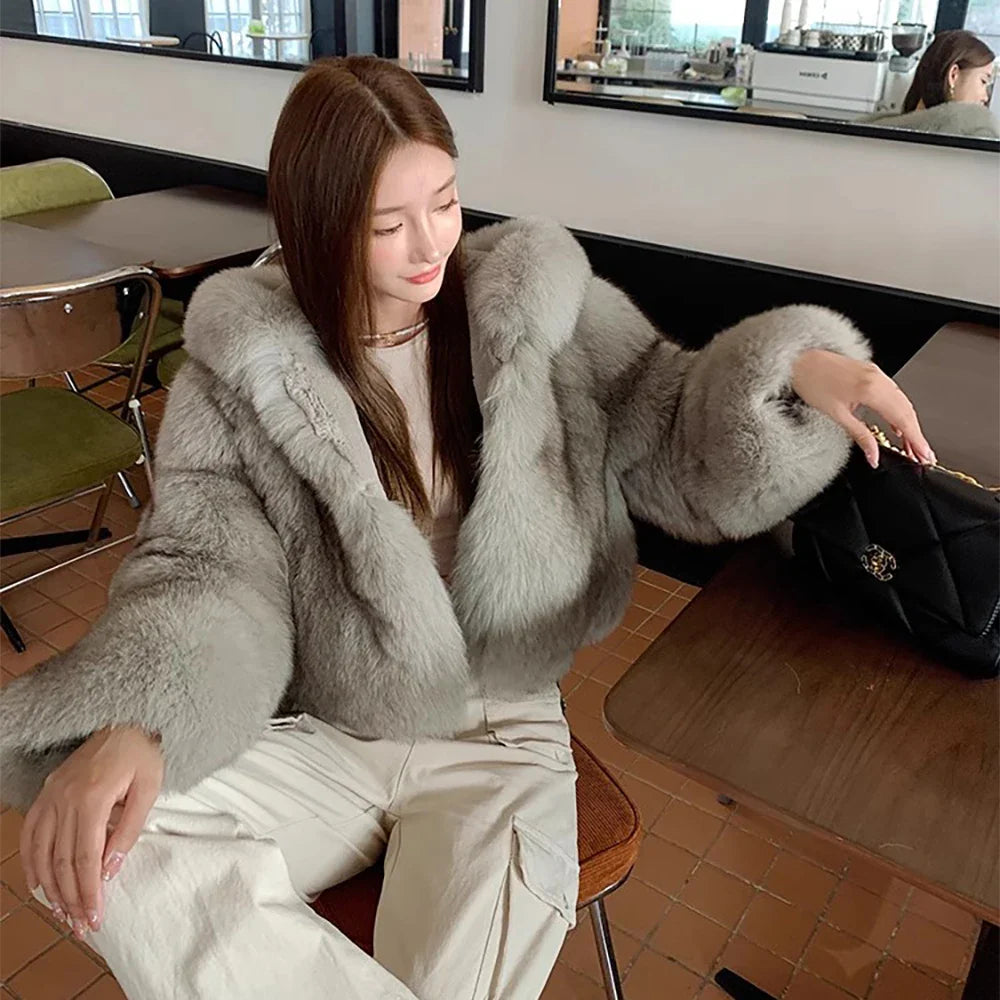 Luxury Faux Fur Coat for Women - Soft Warm Hooded Jacket, Vintage Style Winter Outerwear for Casual Outings & Holiday Parties