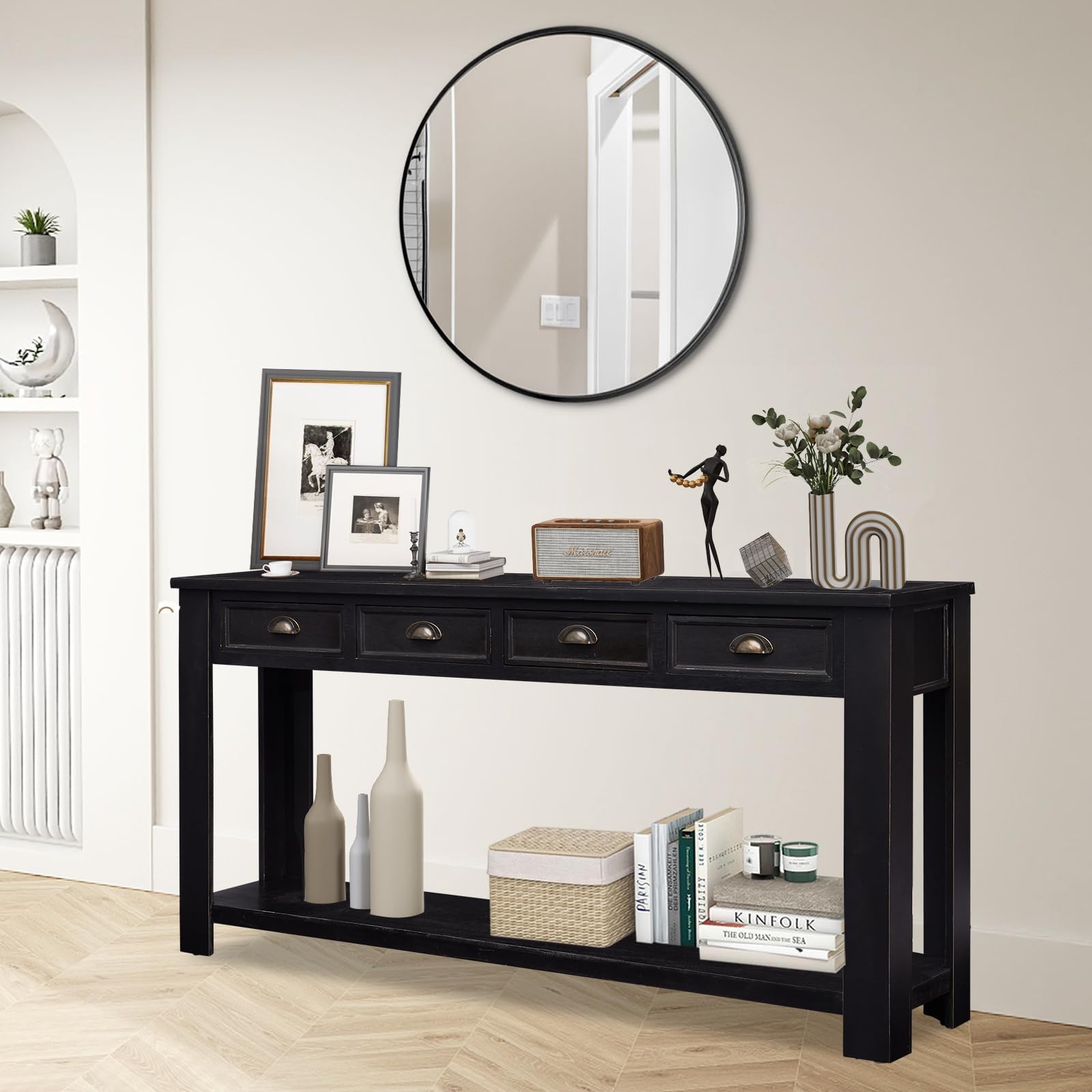 Kinbor Wooden Sofa Console Table with 4 Drawers & Storage Shelf - Entryway, Hallway & Living Room Furniture - Perfect for Small Space Organization & Home Decor