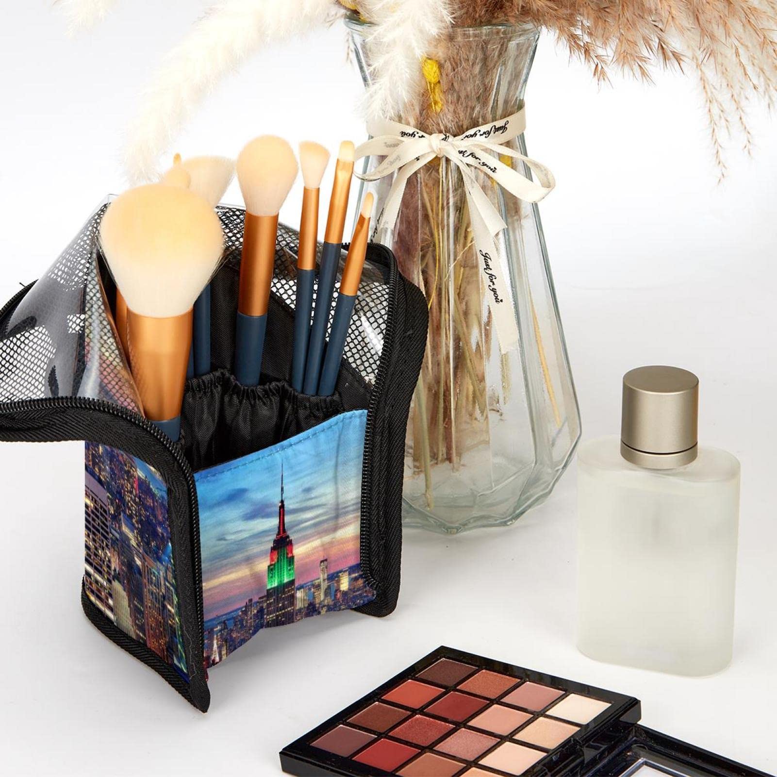 12-Piece Makeup Brush Organizer Bag with Portable Holder Case - Sunset New York City Design | Perfect for Travel, Home Vanity & Professional Makeup Artists
