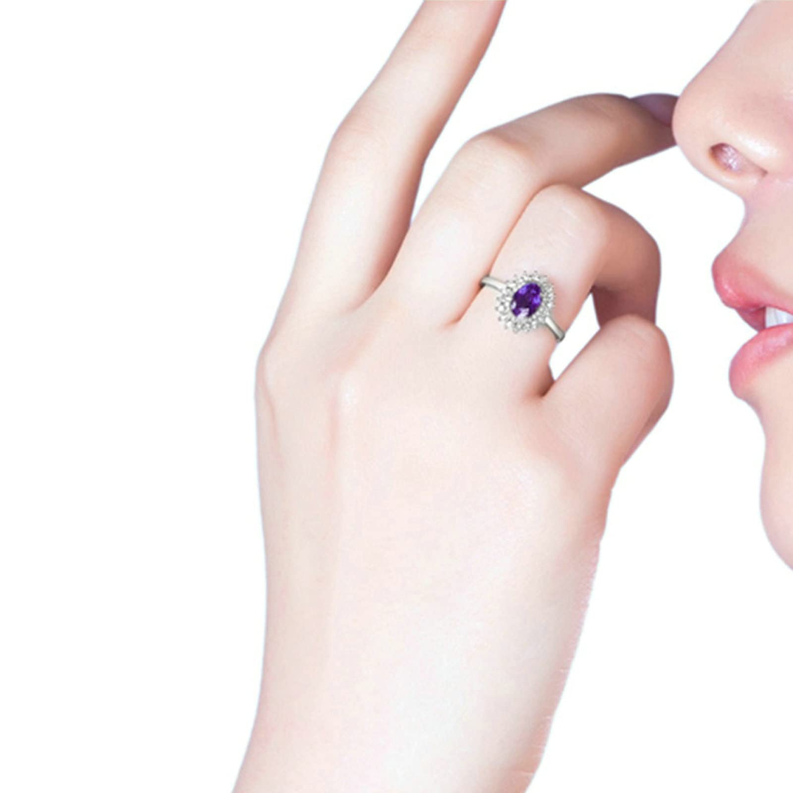 Aienid Sterling Silver Amethyst & Cubic Zirconia Rings for Women - Elegant Oval CZ Gemstone Ring | Perfect for Weddings, Anniversaries & Gift Giving