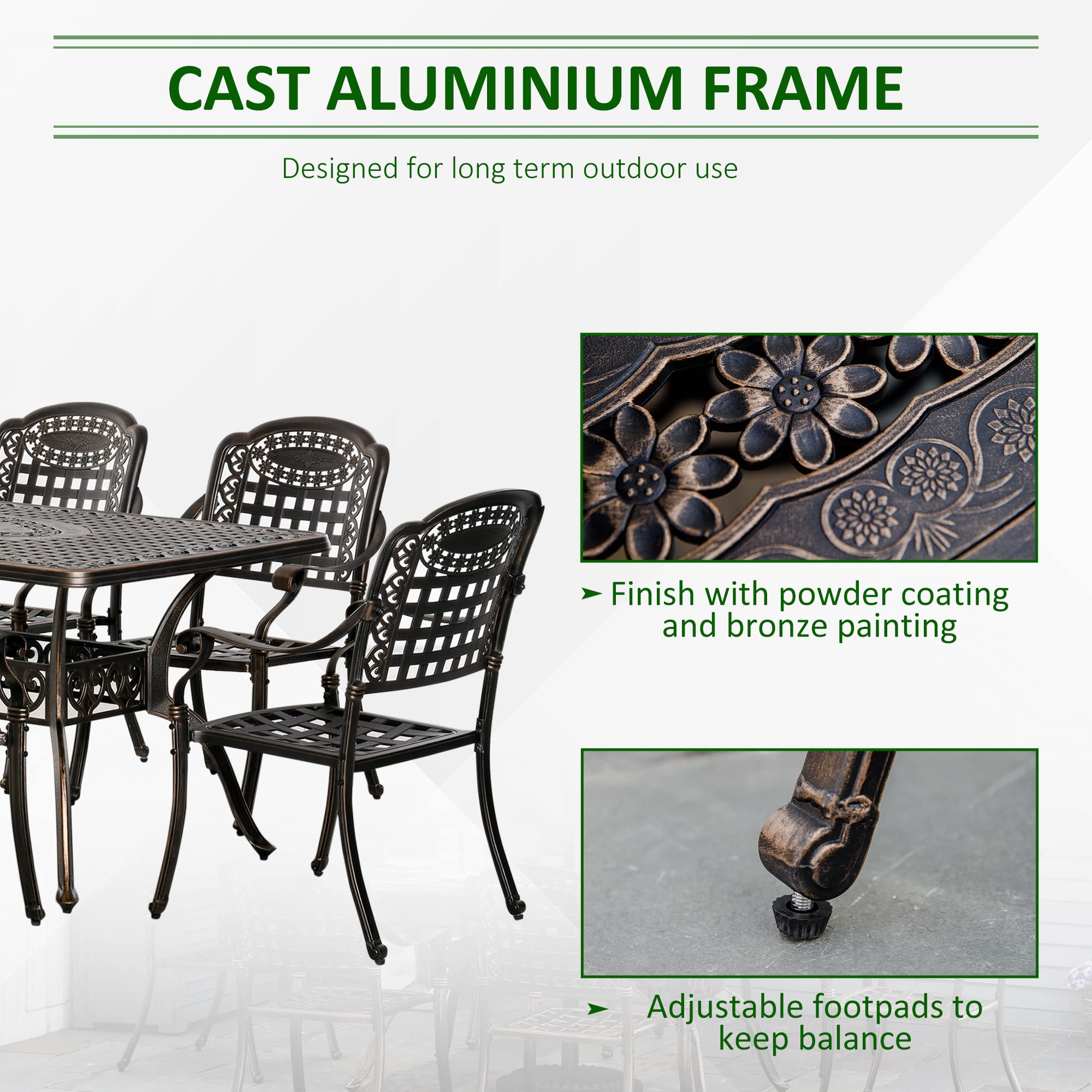 Outsunny 7-Piece Patio Dining Set - Durable Cast Aluminum Outdoor Furniture with 6 Armchairs & 1 Table, Bronze Finish with Umbrella Hole - Perfect for Backyard, Garden, Poolside & Outdoor Entertaining