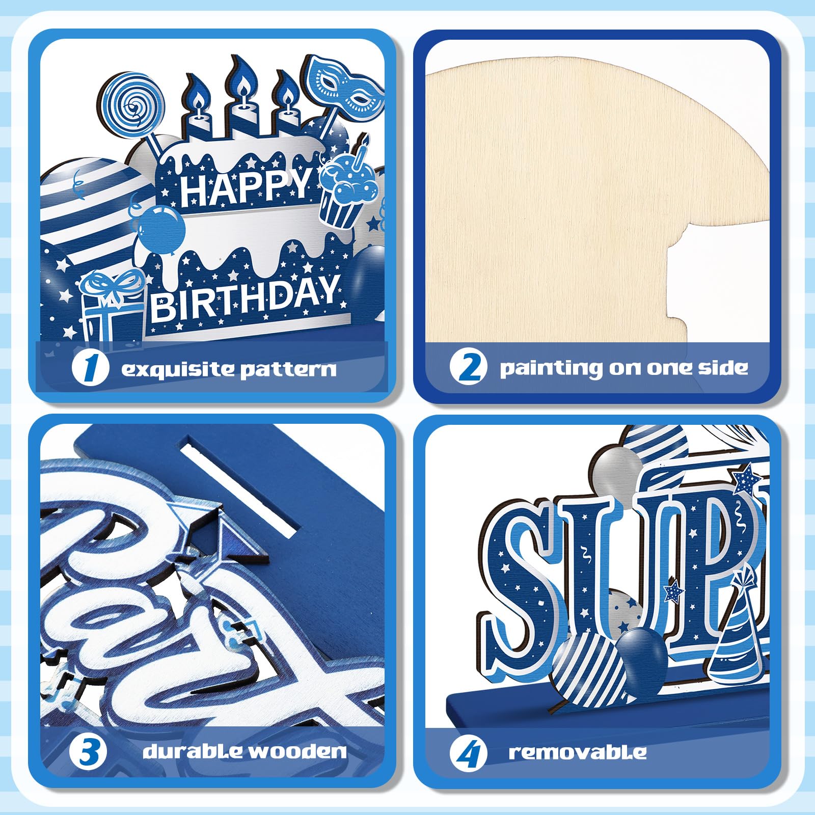 Hoolerry 6-Piece Wooden Birthday Party Decorations Set - Blue and Silver Table Centerpieces for Men & Women | Perfect for Birthday Celebrations, Anniversaries & Special Events